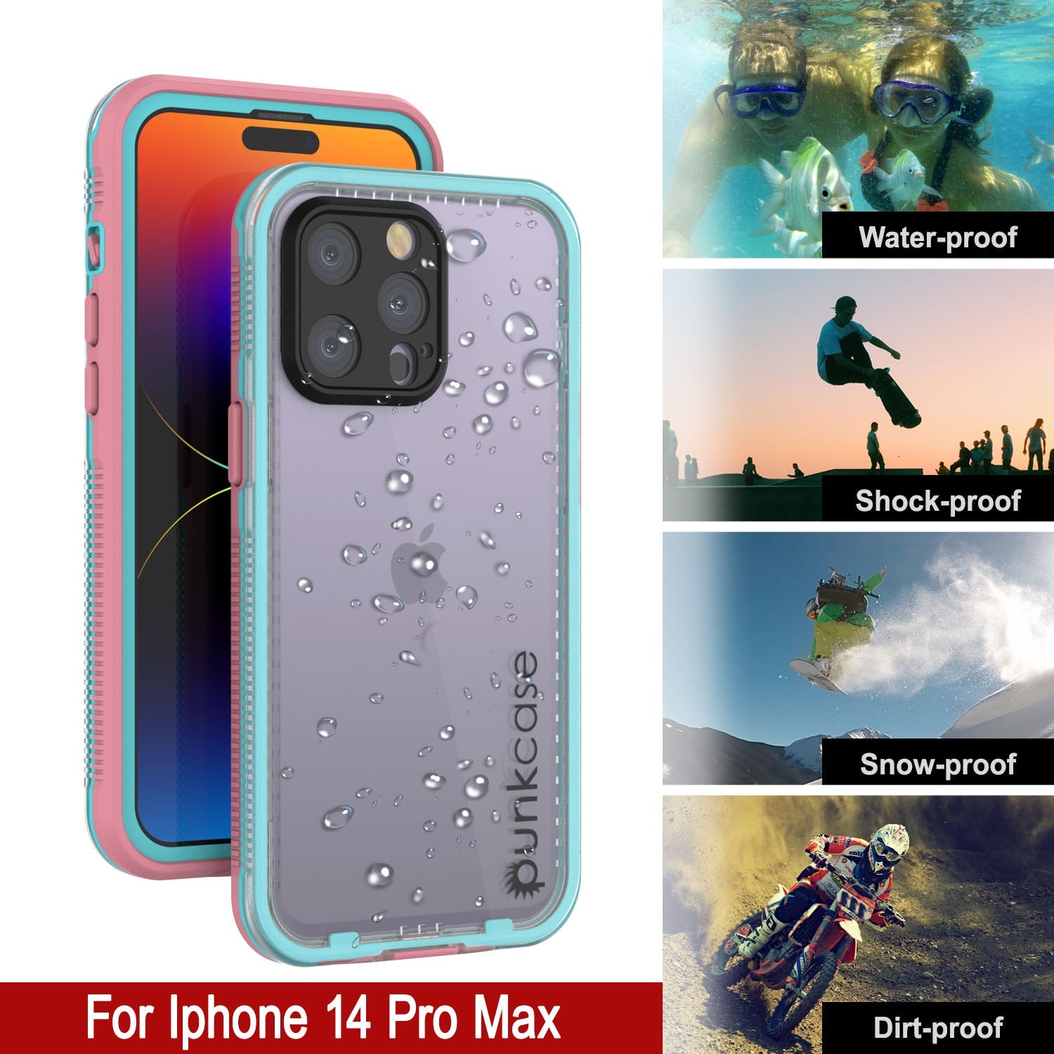 Capa à Prova d'Água Punkcase iPhone 14 Pro Max [Série Aqua] Capa de Armadura [Rosa Transparente] [Traseira Transparente]