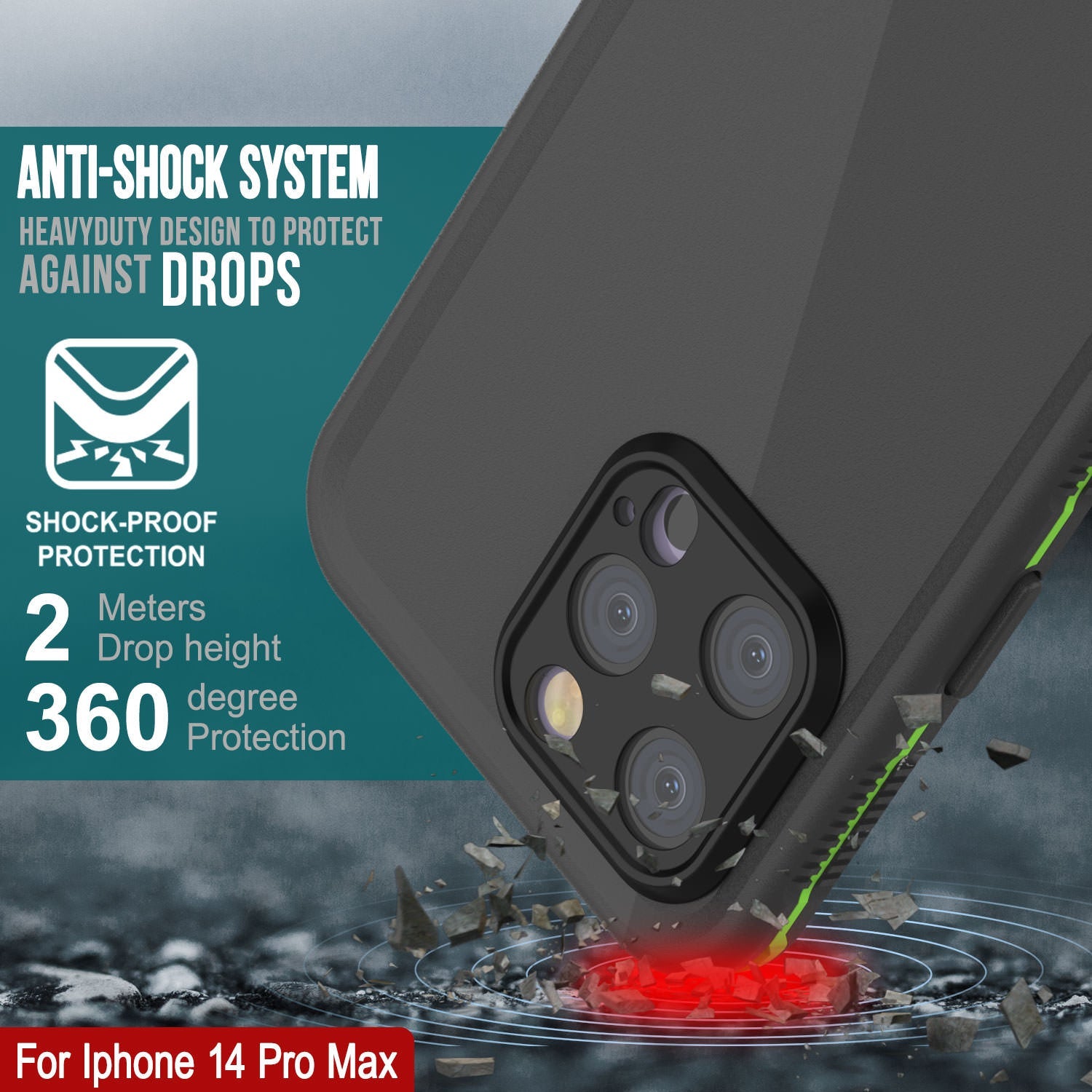 Capa à Prova d'Água Punkcase para iPhone 14 Pro Max [Série Aqua] Cobertura de Armadura [Preto-Verde]