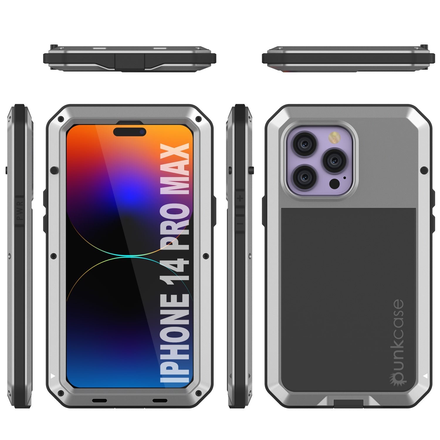 Capa de Metal para iPhone 14 Pro Max, Resistente de Grau Militar, Cobertura Blindada [à prova de choque] Corpo Inteiro Rígido [Prata]