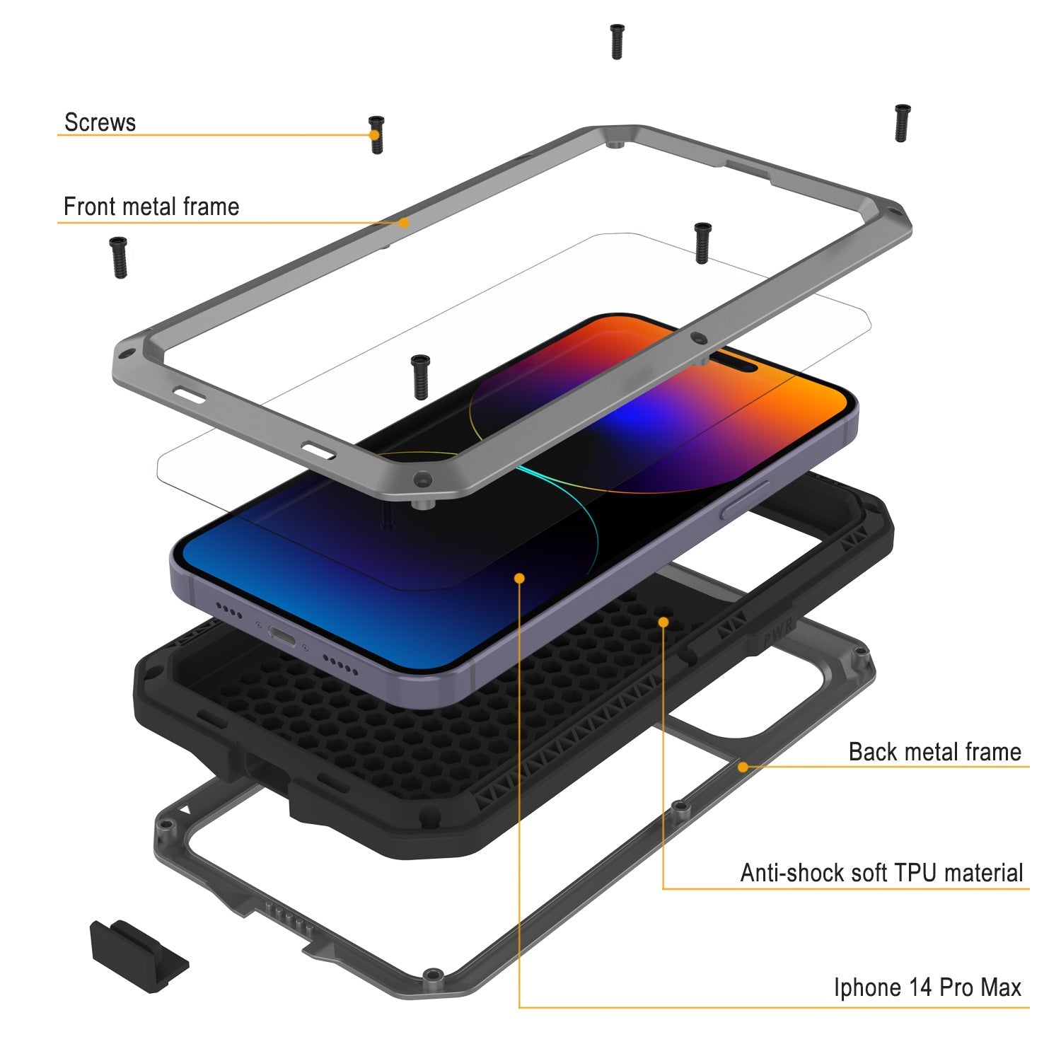 Capa de Metal para iPhone 14 Pro Max, Resistente de Grau Militar, Cobertura Blindada [à prova de choque] Corpo Inteiro Rígido [Prata]
