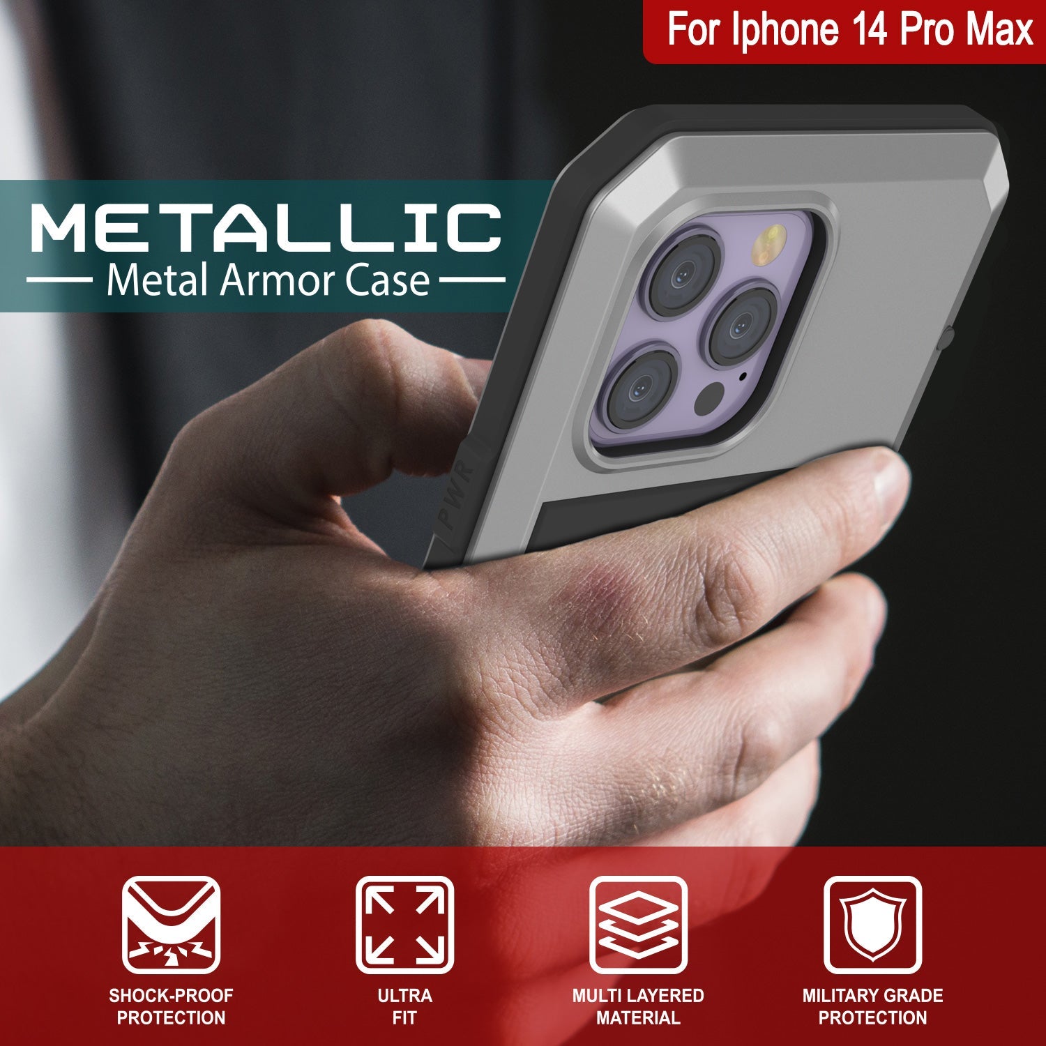 Capa de Metal para iPhone 14 Pro Max, Resistente de Grau Militar, Cobertura Blindada [à prova de choque] Corpo Inteiro Rígido [Prata]