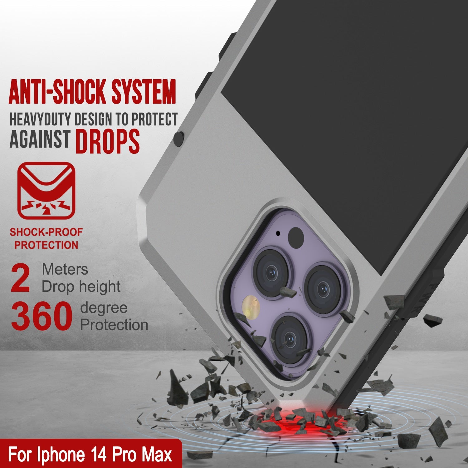 Capa de Metal para iPhone 14 Pro Max, Resistente de Grau Militar, Cobertura Blindada [à prova de choque] Corpo Inteiro Rígido [Prata]