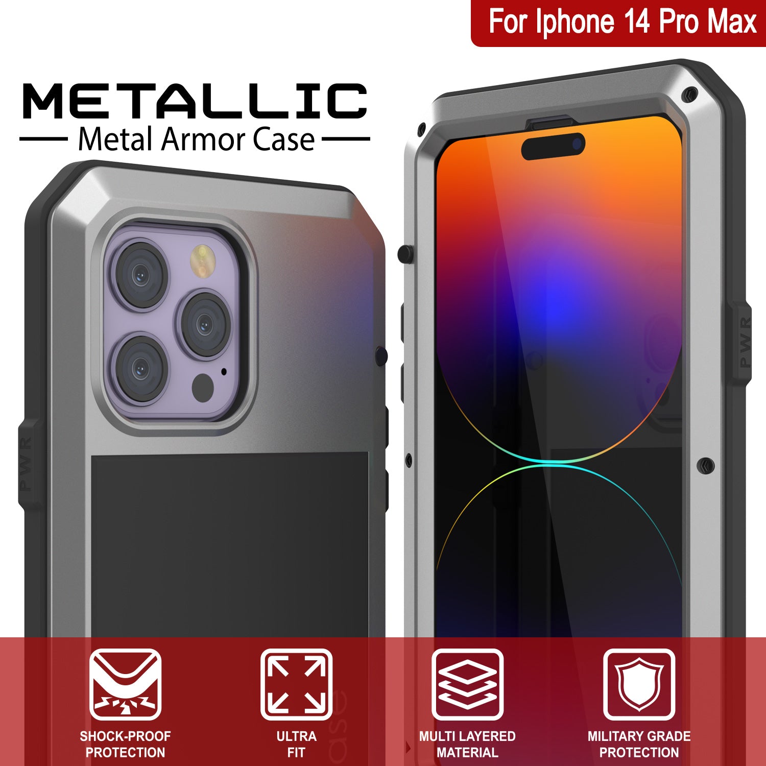 Capa de Metal para iPhone 14 Pro Max, Resistente de Grau Militar, Cobertura Blindada [à prova de choque] Corpo Inteiro Rígido [Prata]