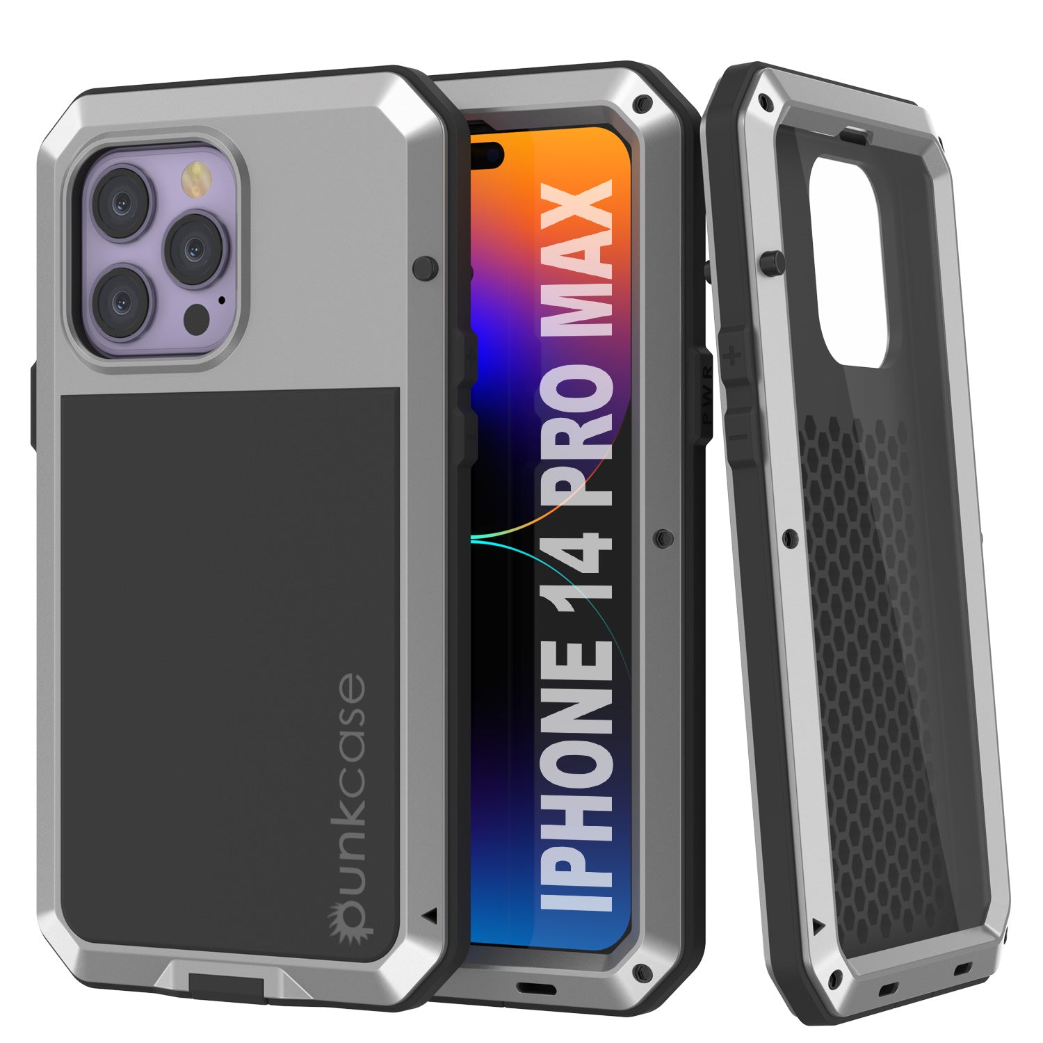 Capa de Metal para iPhone 14 Pro Max, Resistente de Grau Militar, Cobertura Blindada [à prova de choque] Corpo Inteiro Rígido [Prata]