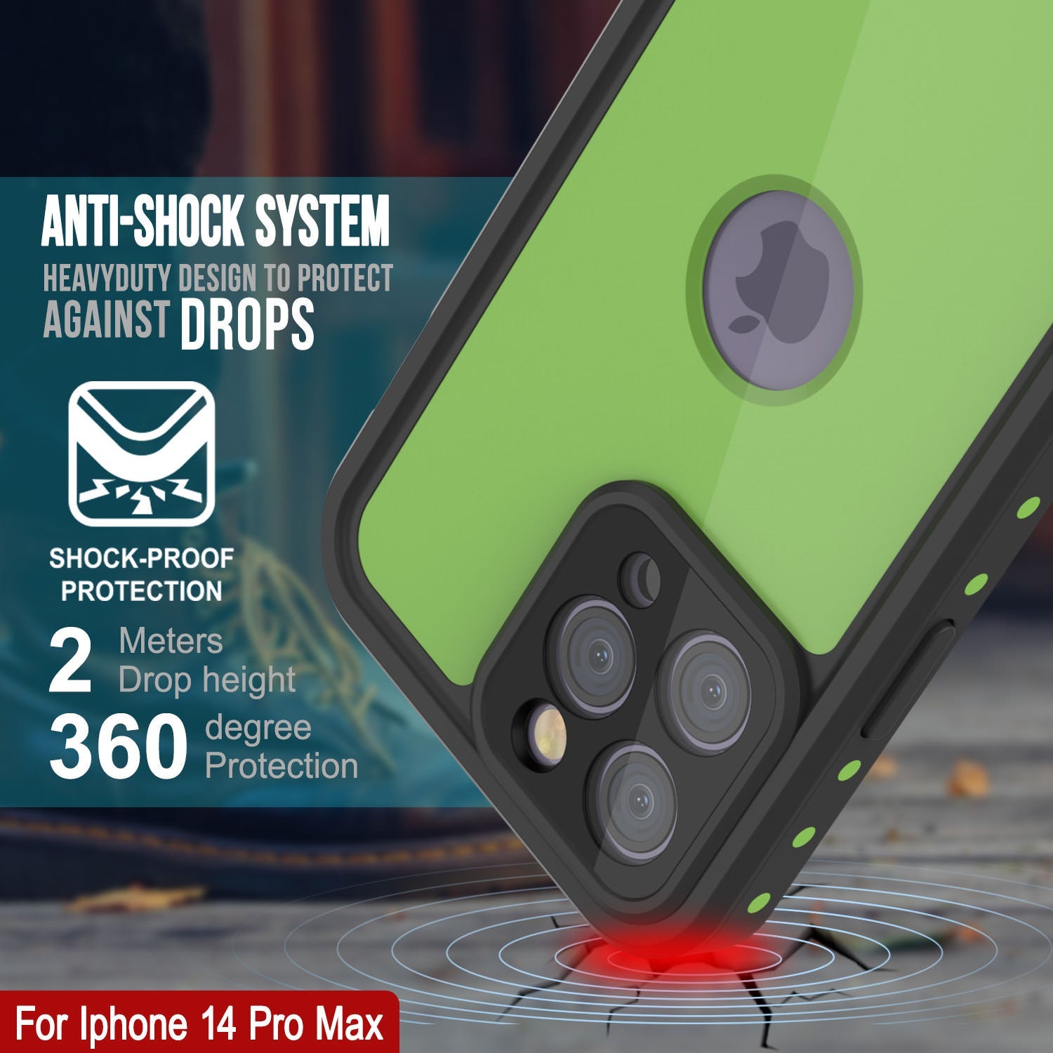 Capa à prova d'água IP68 para iPhone 14 Pro Max, Punkcase [Verde claro] [Série StudStar] [Ajuste Slim] [À prova de sujeira]