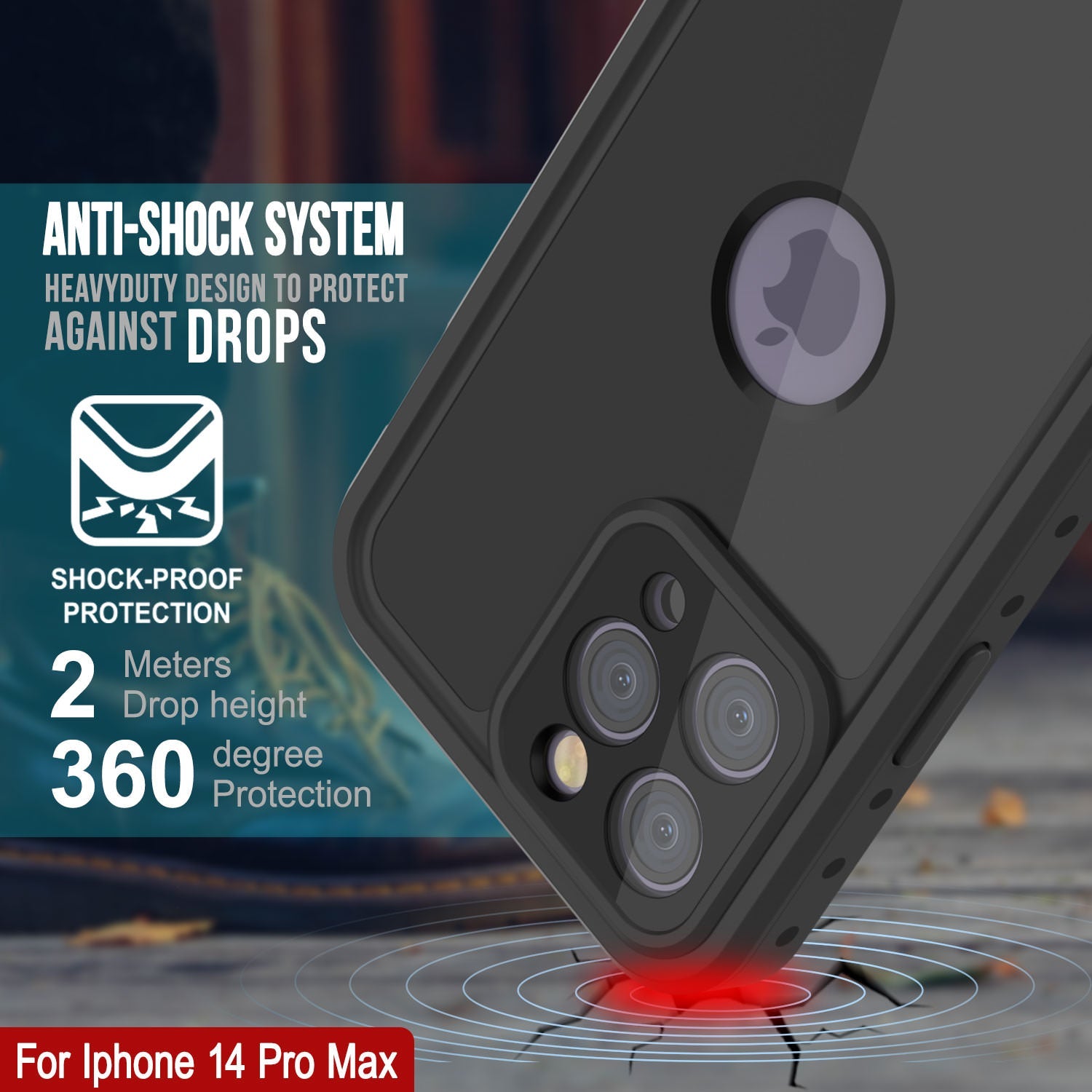 Capa à prova d'água IP68 para iPhone 14 Pro Max, Punkcase [Preto] [Série StudStar] [Ajuste Slim]