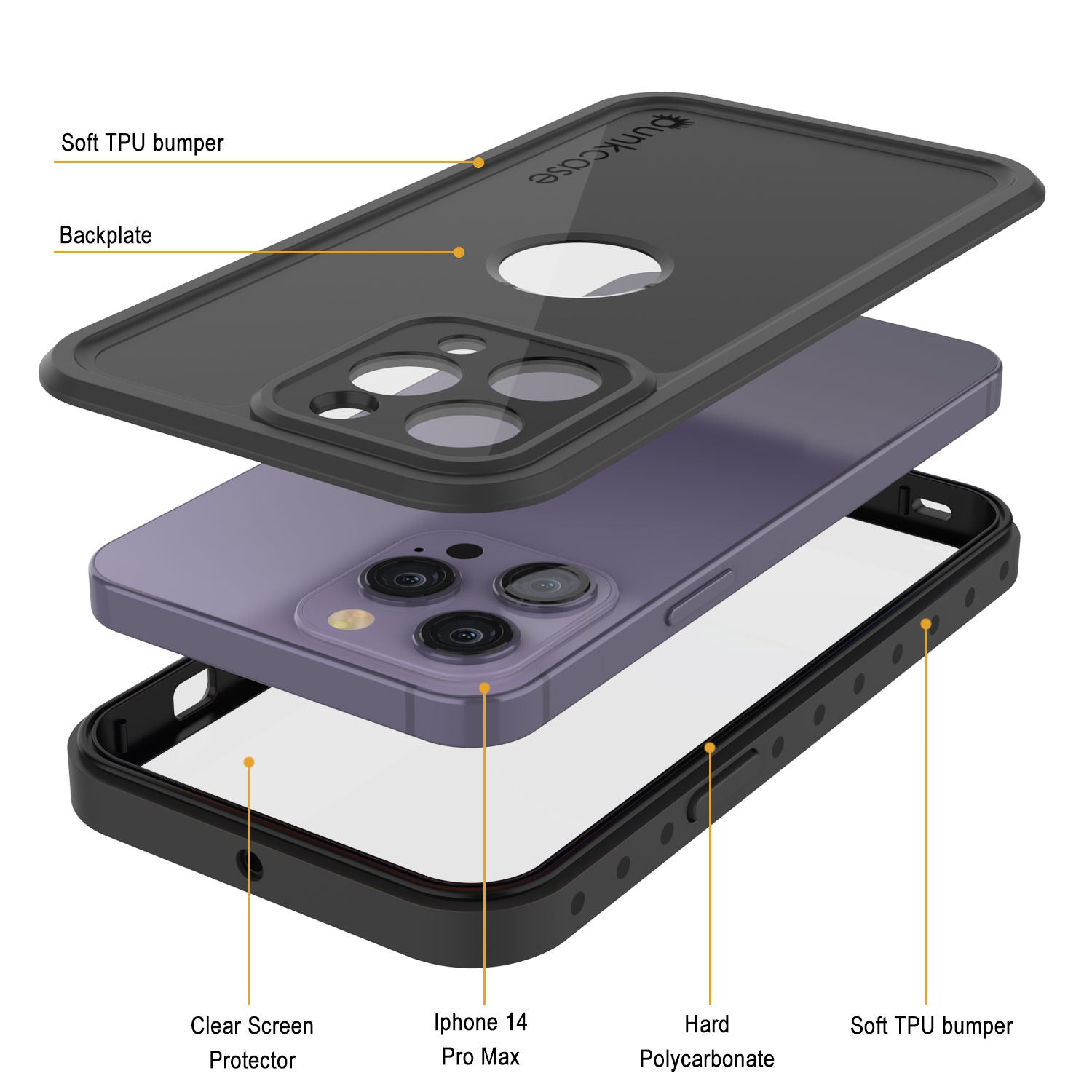 Capa à prova d'água IP68 para iPhone 14 Pro Max, Punkcase [Preto] [Série StudStar] [Ajuste Slim]