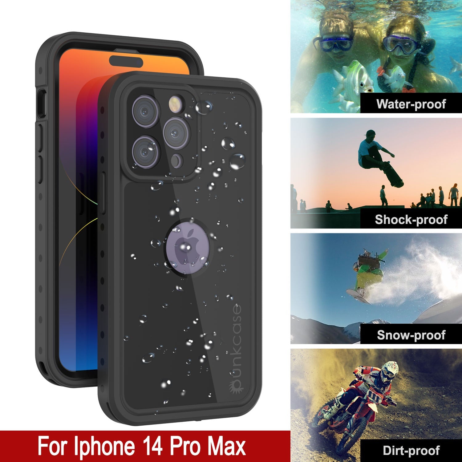 Capa à prova d'água IP68 para iPhone 14 Pro Max, Punkcase [Preto] [Série StudStar] [Ajuste Slim]