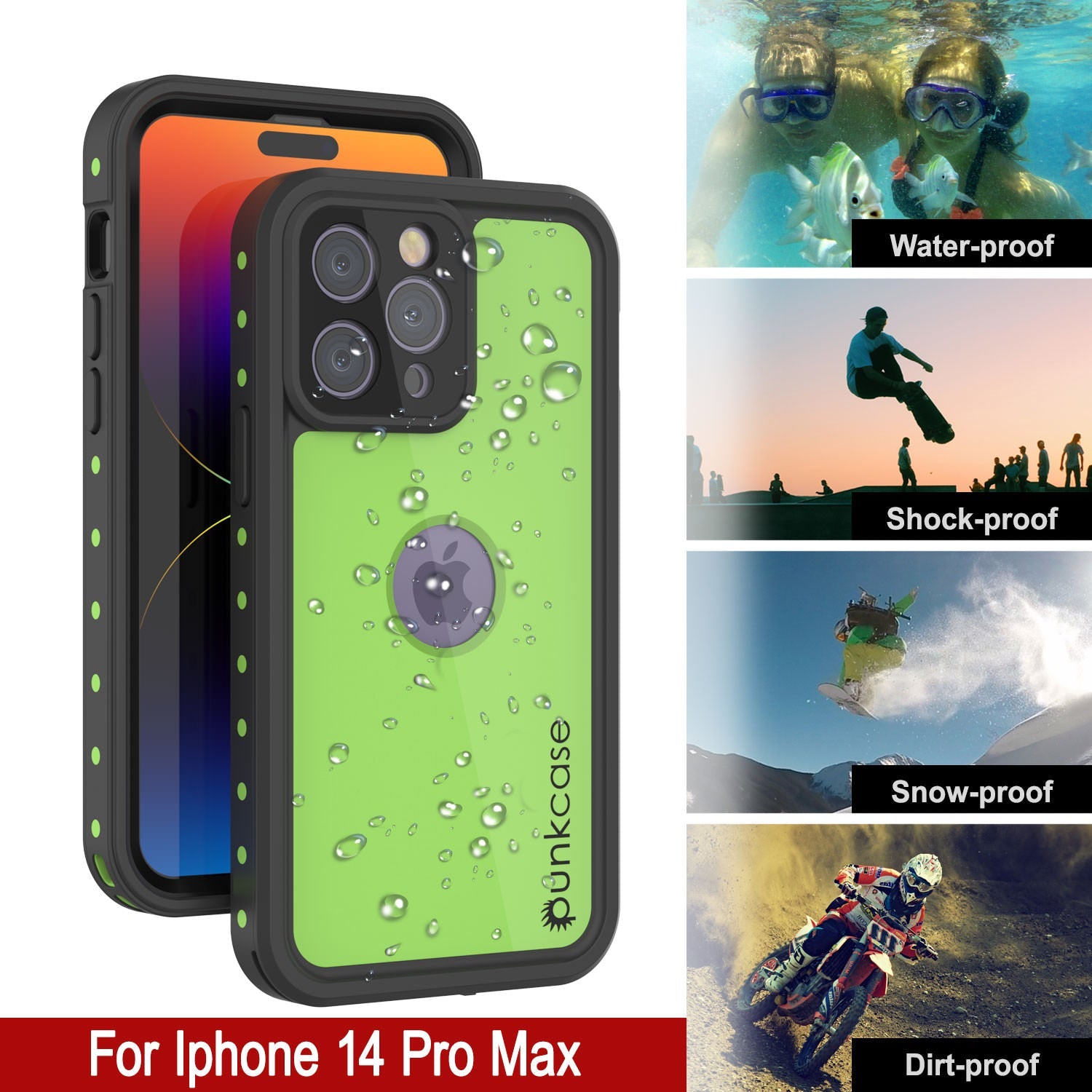 Capa à prova d'água IP68 para iPhone 14 Pro Max, Punkcase [Verde claro] [Série StudStar] [Ajuste Slim] [À prova de sujeira]