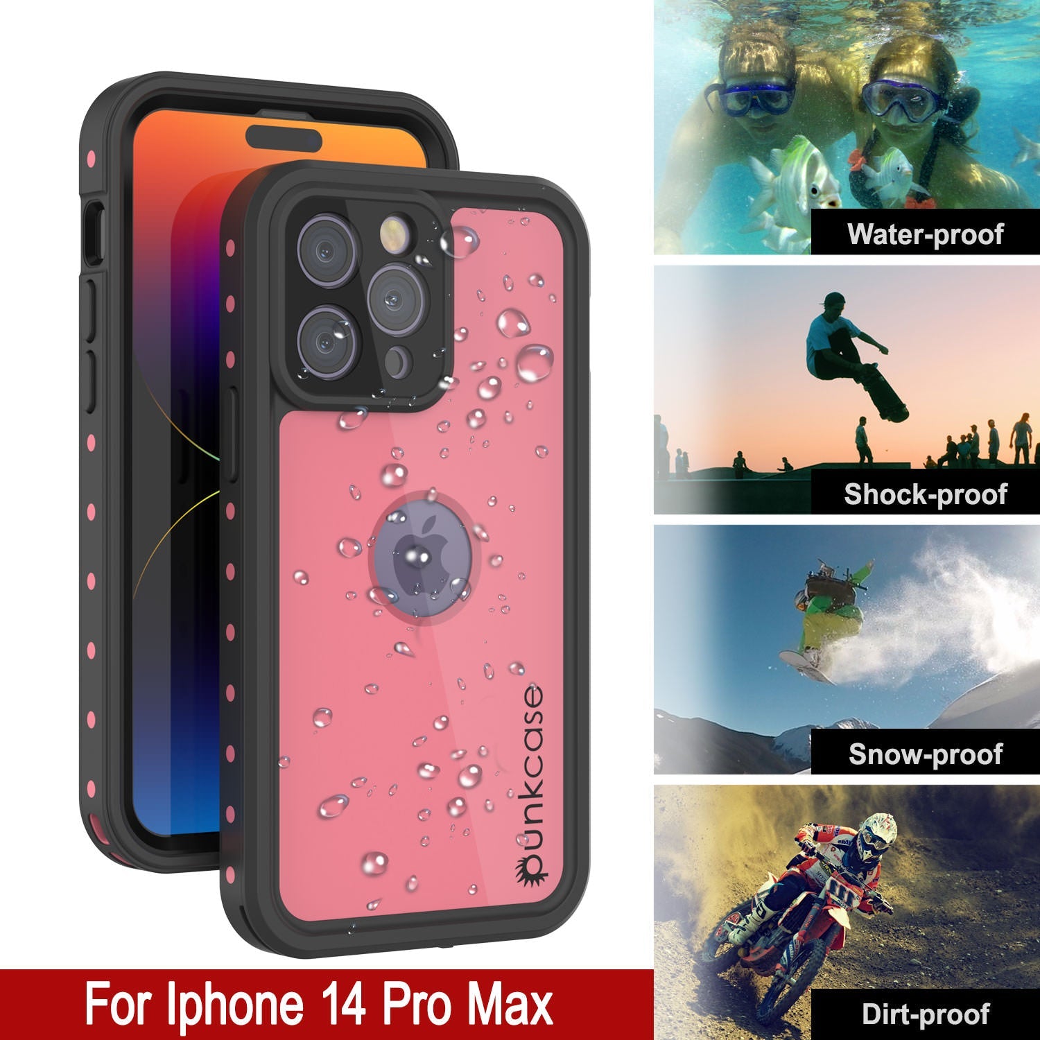 Capa à prova d'água IP68 para iPhone 14 Pro Max, Punkcase [Cor de Rosa] [Série StudStar] [Ajuste Slim] [Prova de Sujeira]