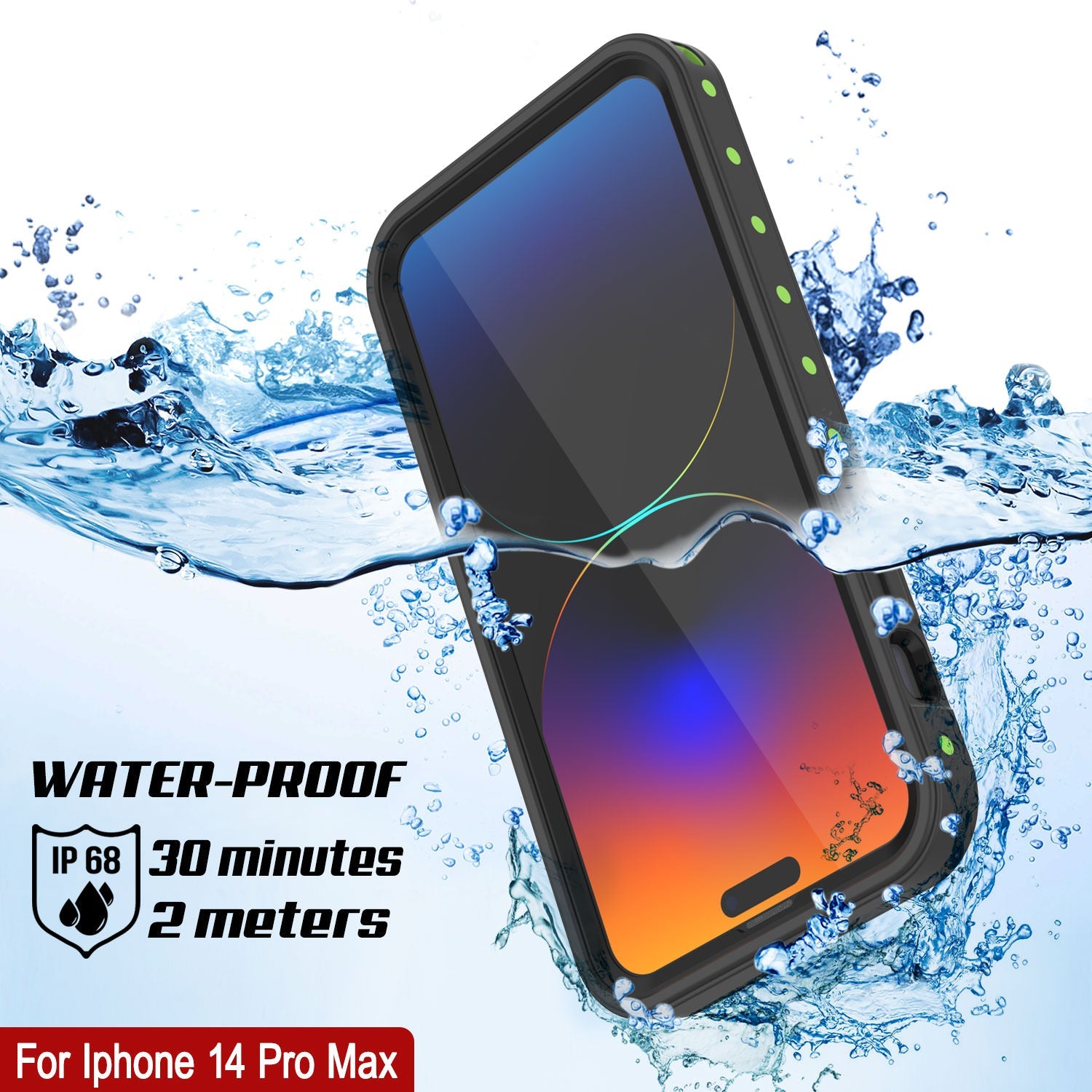 Capa à prova d'água IP68 para iPhone 14 Pro Max, Punkcase [Verde claro] [Série StudStar] [Ajuste Slim] [À prova de sujeira]