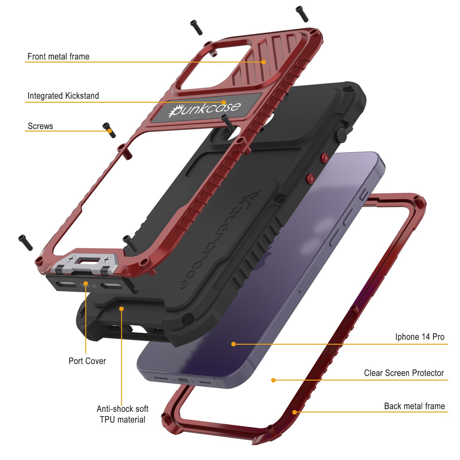 Capa de metal extrema 3.0 para iPhone 14 Pro, capa de armadura de grau militar resistente, à prova de choque, à prova d'água, em alumínio [vermelho]