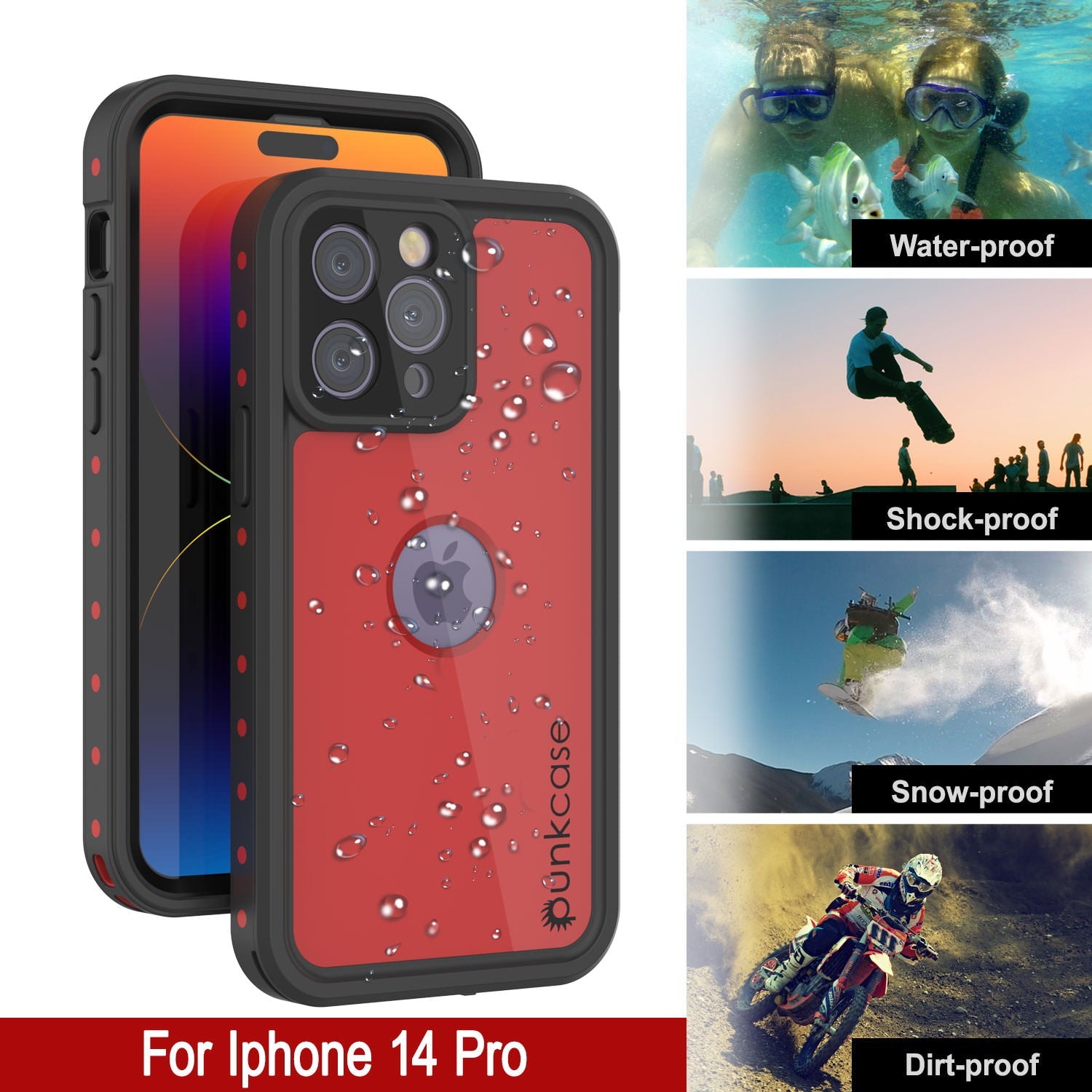 Capa à prova d'água IP68 para iPhone 14 Pro, Punkcase [Vermelho] [Série StudStar] [Ajuste fino]