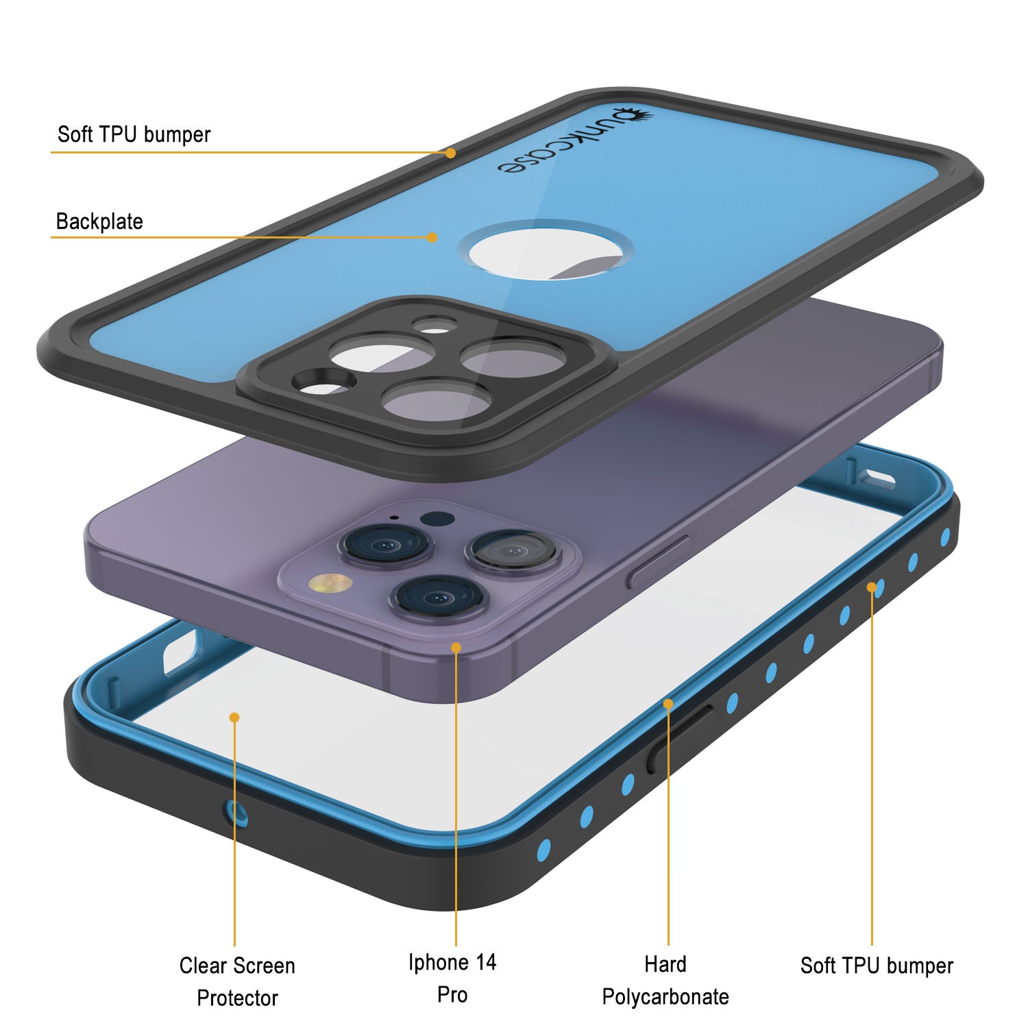 Capa à Prova d'Água IP68 para iPhone 14 Pro, Punkcase [Azul Claro] [Série StudStar] [Ajuste Slim] [À Prova de Sujeira]