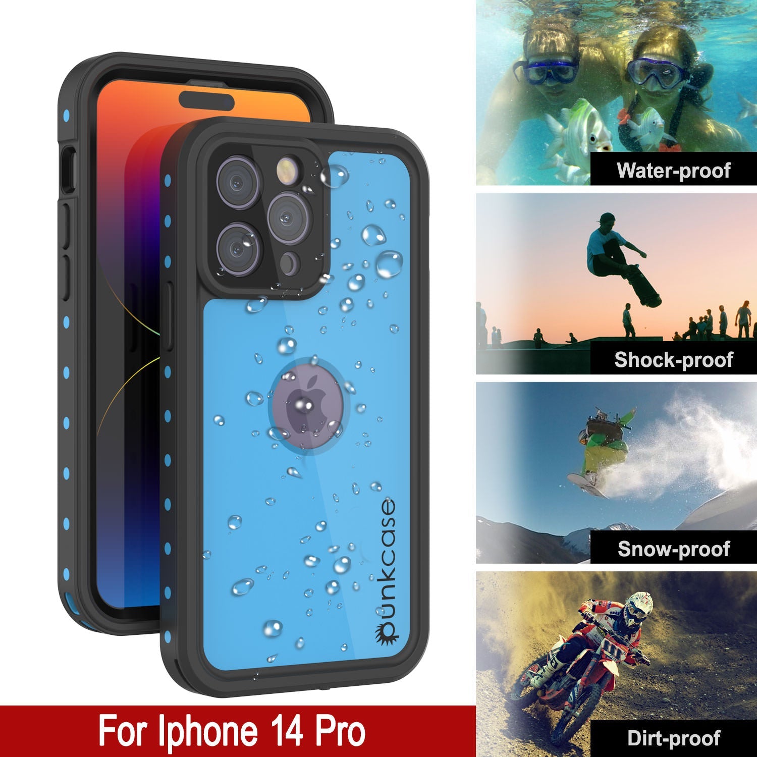 Capa à Prova d'Água IP68 para iPhone 14 Pro, Punkcase [Azul Claro] [Série StudStar] [Ajuste Slim] [À Prova de Sujeira]