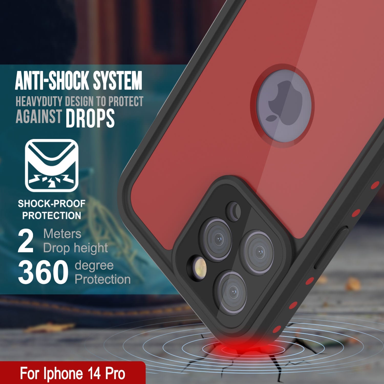 Capa à prova d'água IP68 para iPhone 14 Pro, Punkcase [Vermelho] [Série StudStar] [Ajuste fino]