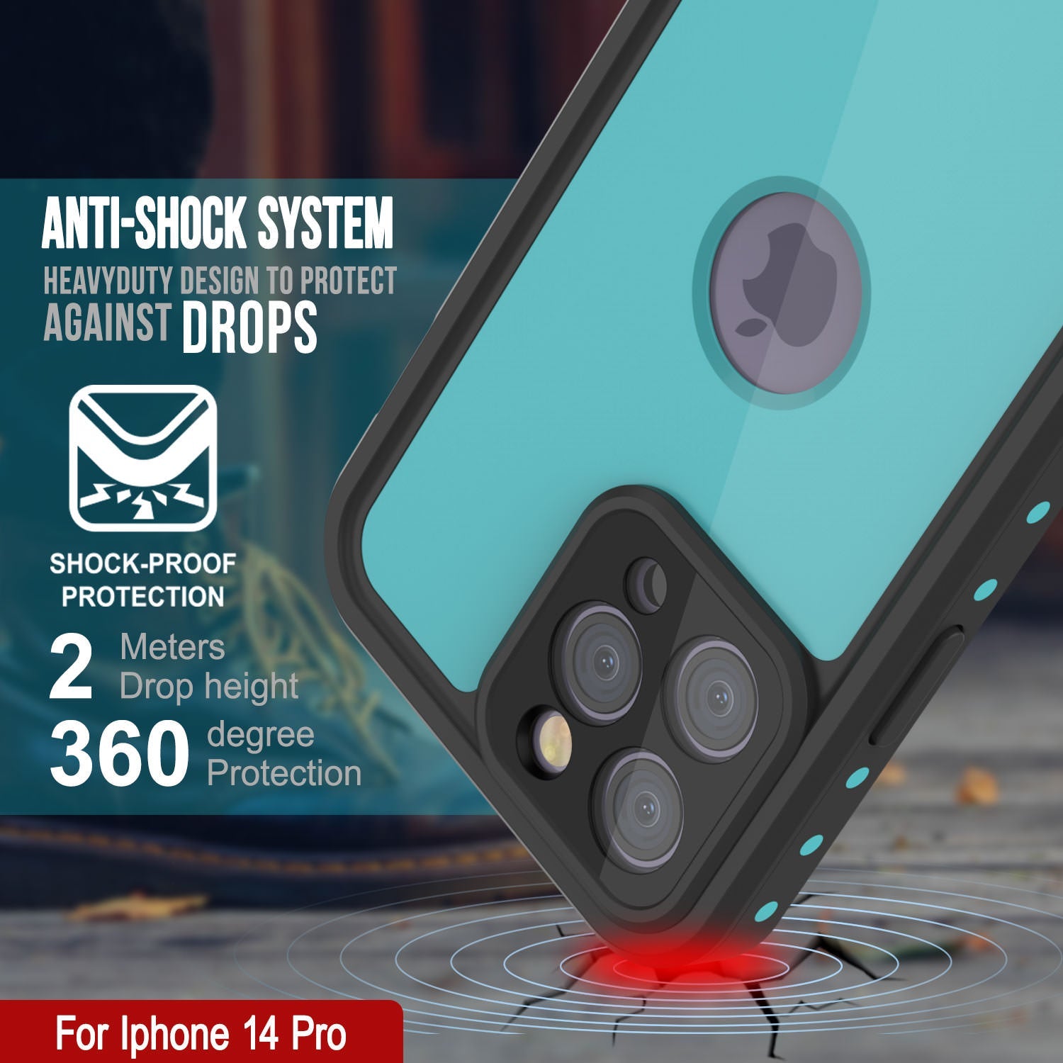 Capa à prova d'água IP68 iPhone 14 Pro, Punkcase [Teal] [Série StudStar] [Ajuste Slim]