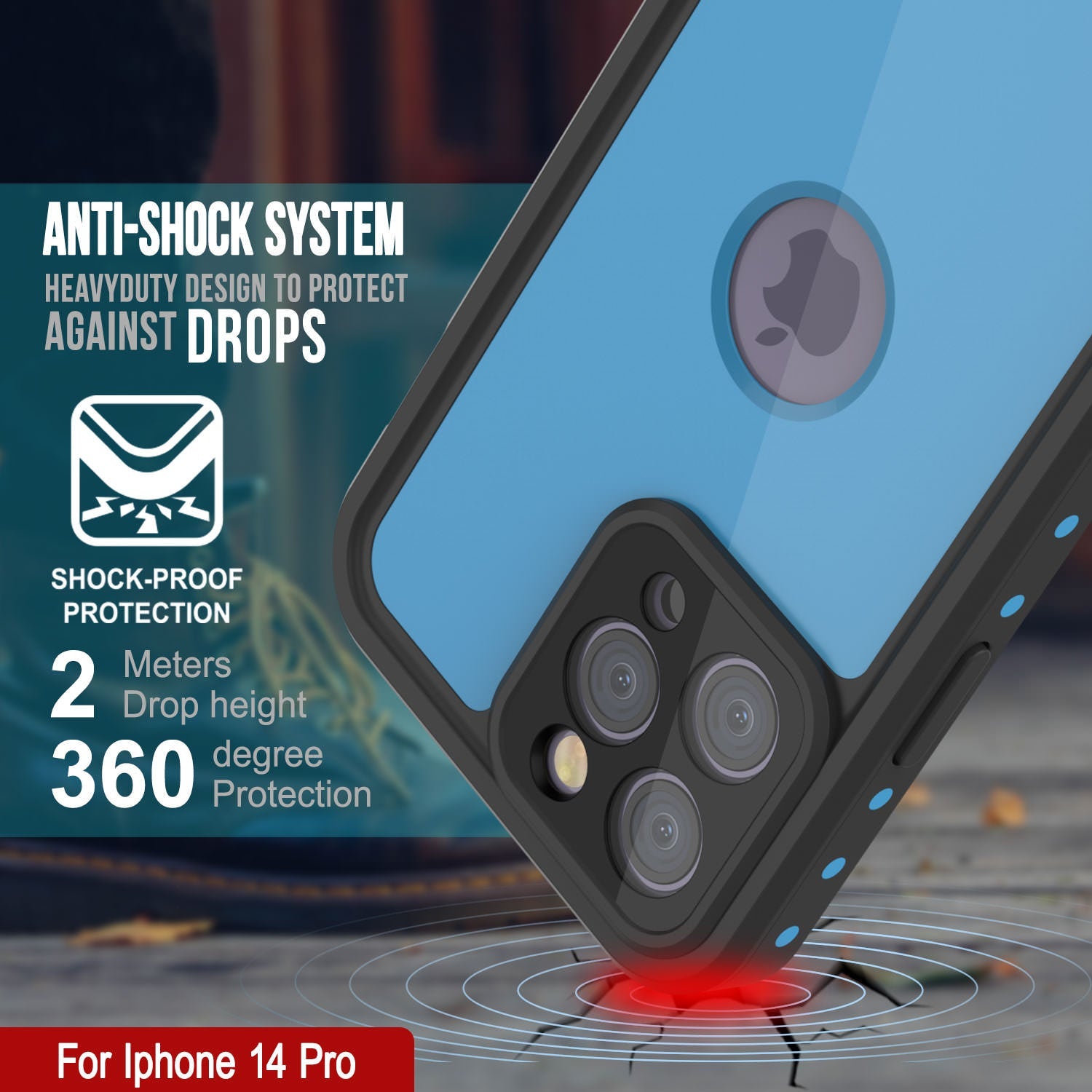 Capa à Prova d'Água IP68 para iPhone 14 Pro, Punkcase [Azul Claro] [Série StudStar] [Ajuste Slim] [À Prova de Sujeira]