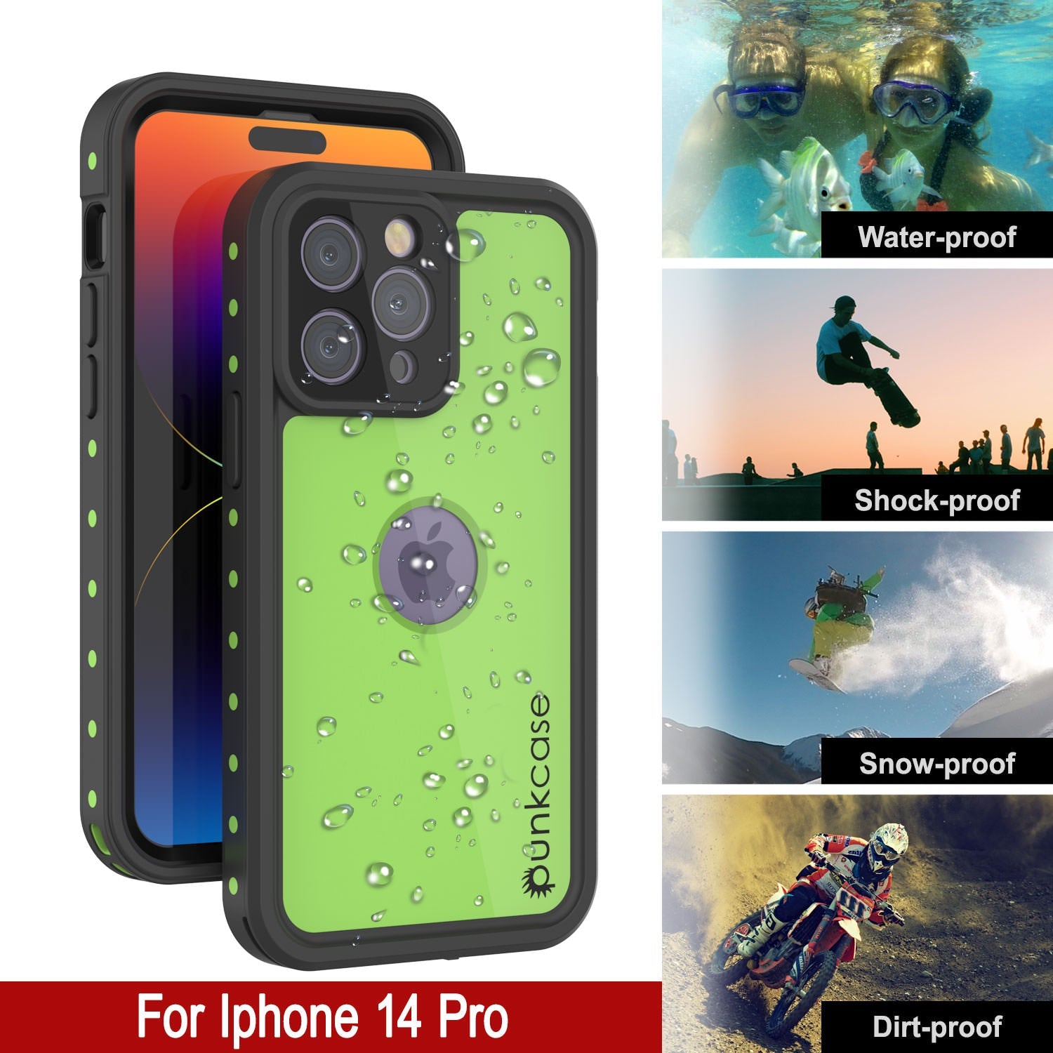 Capa à prova de água IP68 iPhone 14 Pro, Punkcase [Verde claro] [Série StudStar] [Ajuste fino] [À prova de sujeira]