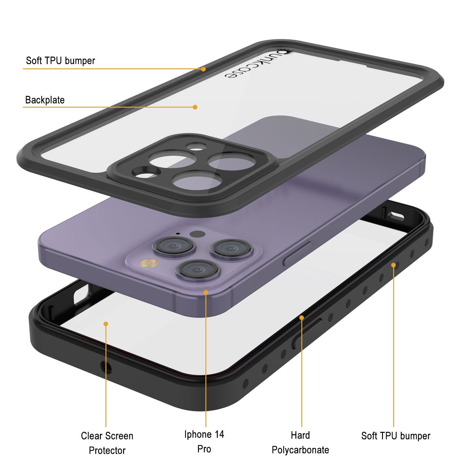 Capa à prova d'água IP68 para iPhone 14 Pro, Punkcase [Transparente] [Série StudStar] [Ajuste Slim] [Prova de sujeira]