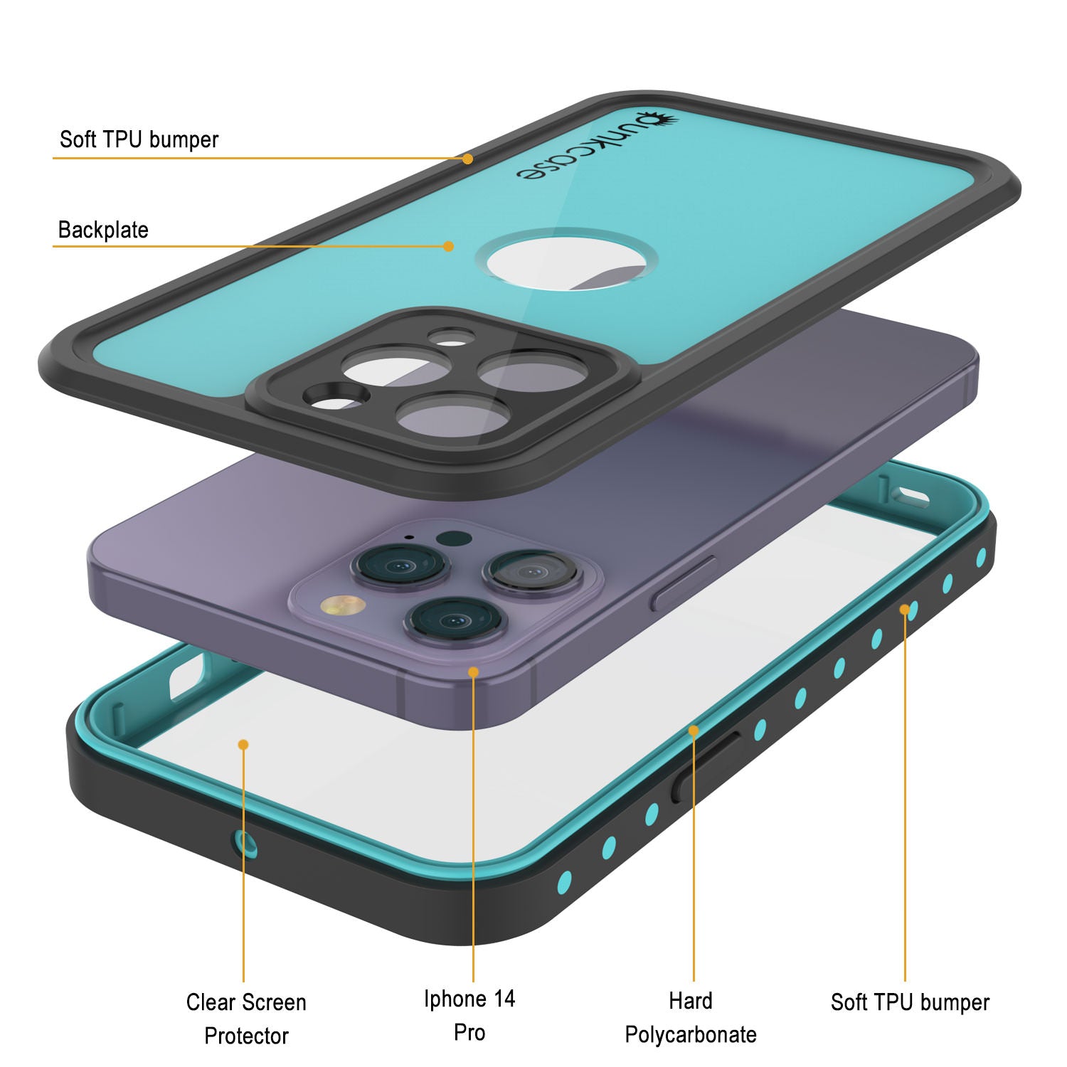 Capa à prova d'água IP68 iPhone 14 Pro, Punkcase [Teal] [Série StudStar] [Ajuste Slim]