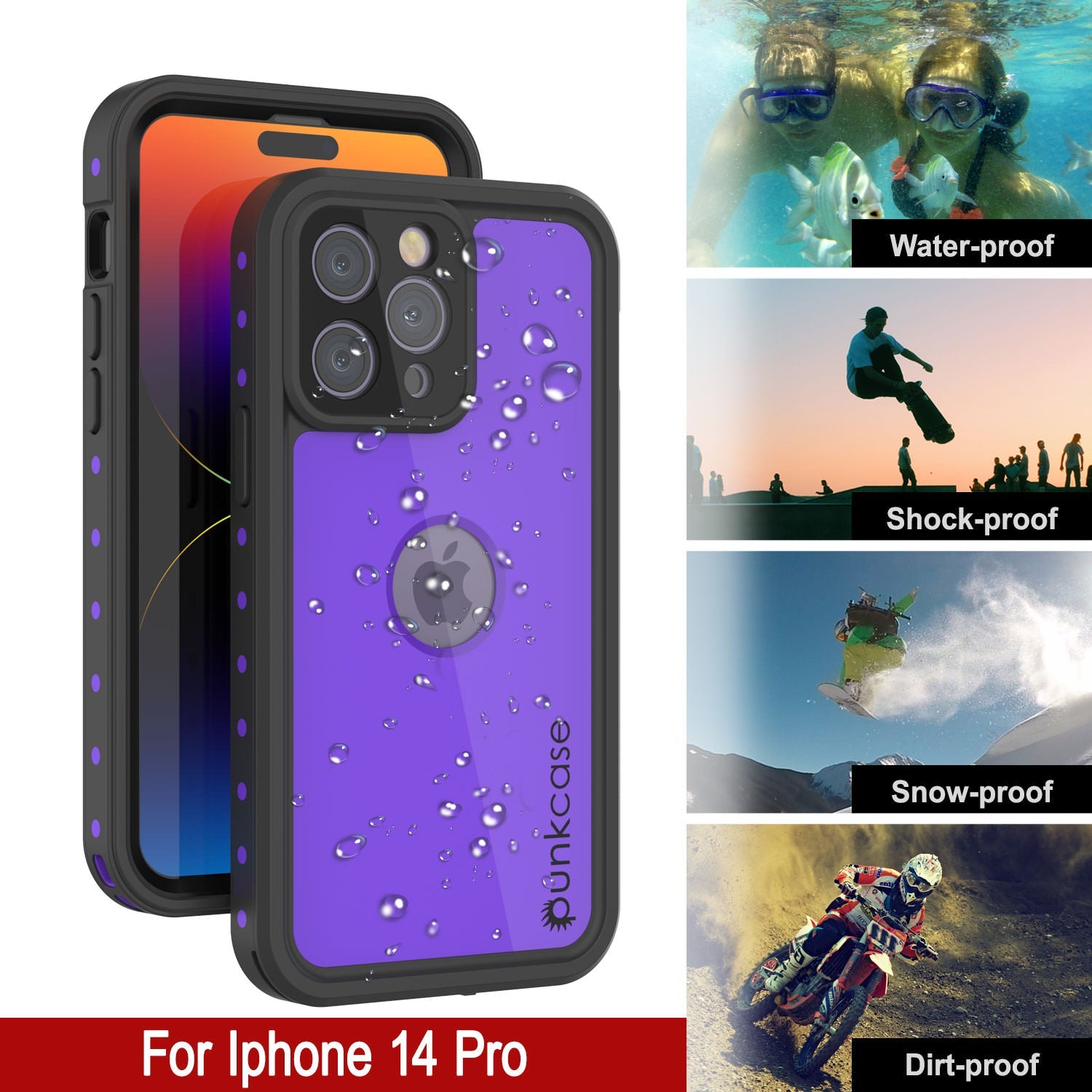Capa à prova d'água IP68 iPhone 14 Pro, Punkcase [Roxa] [Série StudStar] [Ajuste Slim] [À prova de sujeira]