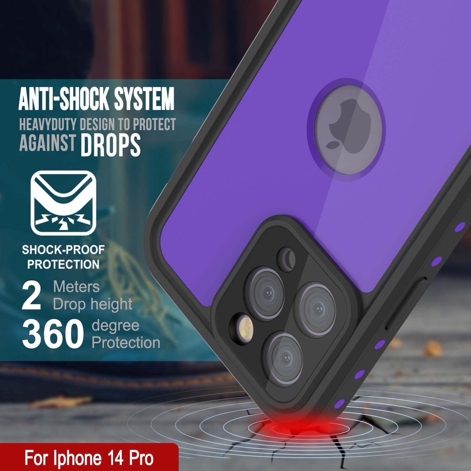 Capa à prova d'água IP68 iPhone 14 Pro, Punkcase [Roxa] [Série StudStar] [Ajuste Slim] [À prova de sujeira]