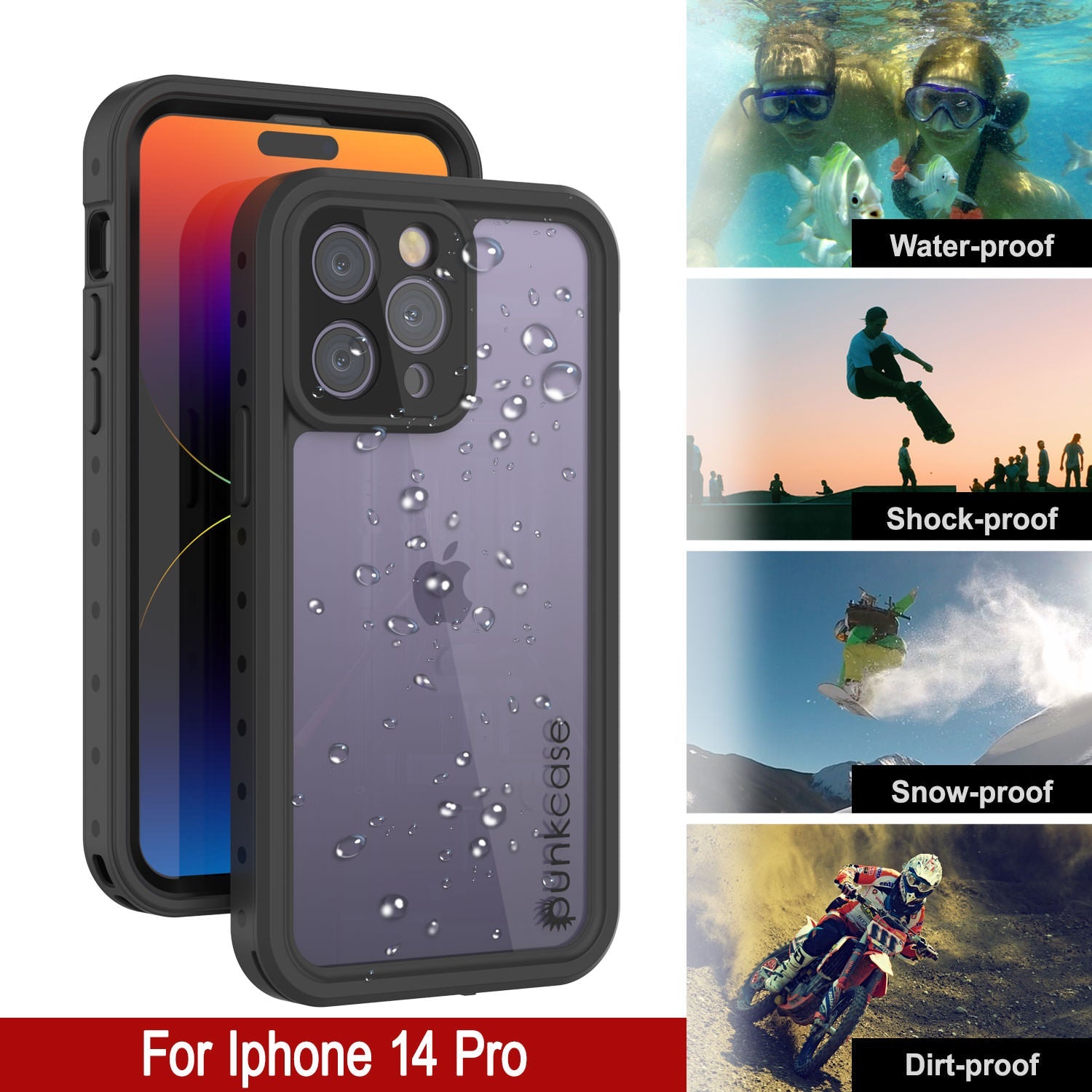 Capa à prova d'água IP68 para iPhone 14 Pro, Punkcase [Transparente] [Série StudStar] [Ajuste Slim] [Prova de sujeira]