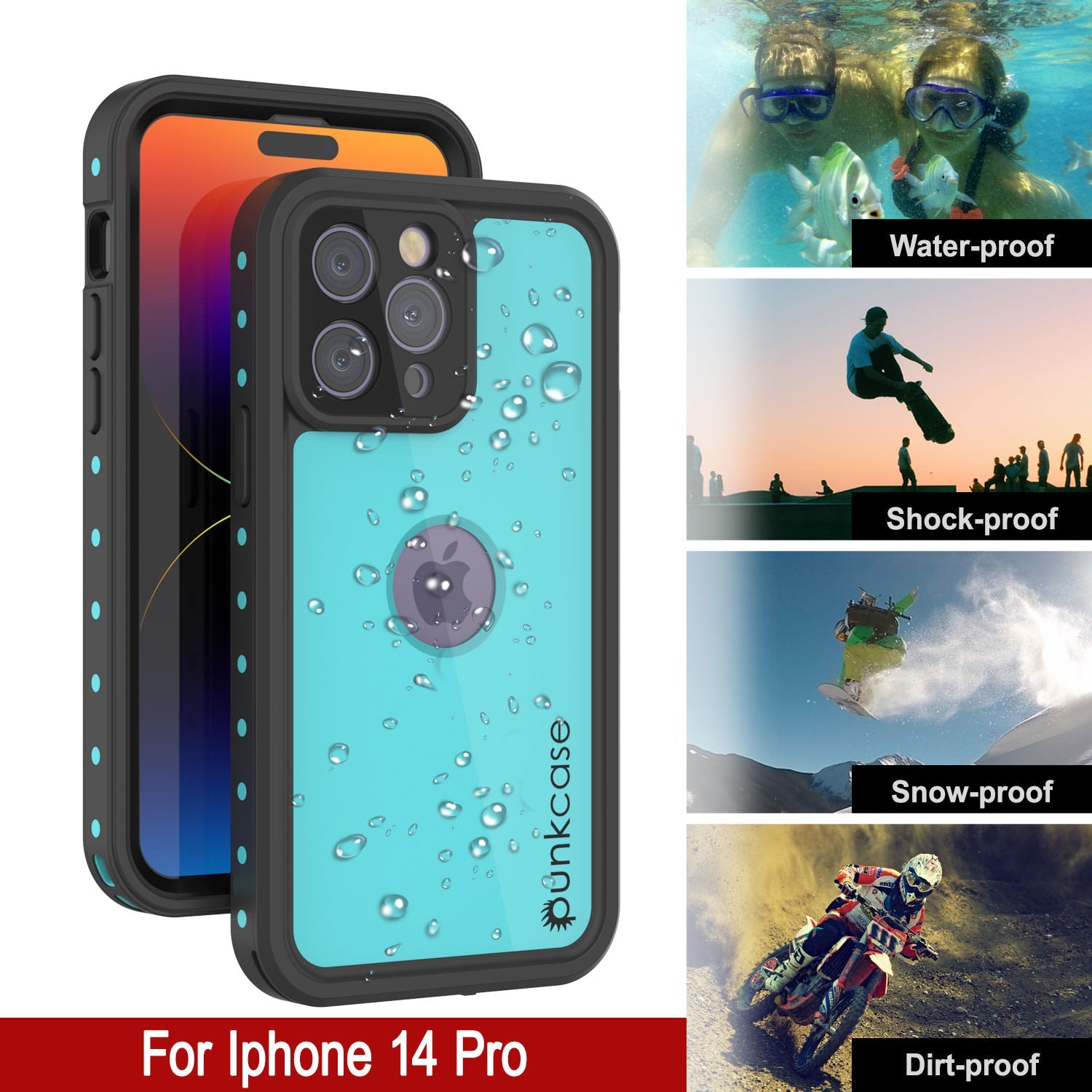 Capa à prova d'água IP68 iPhone 14 Pro, Punkcase [Teal] [Série StudStar] [Ajuste Slim]