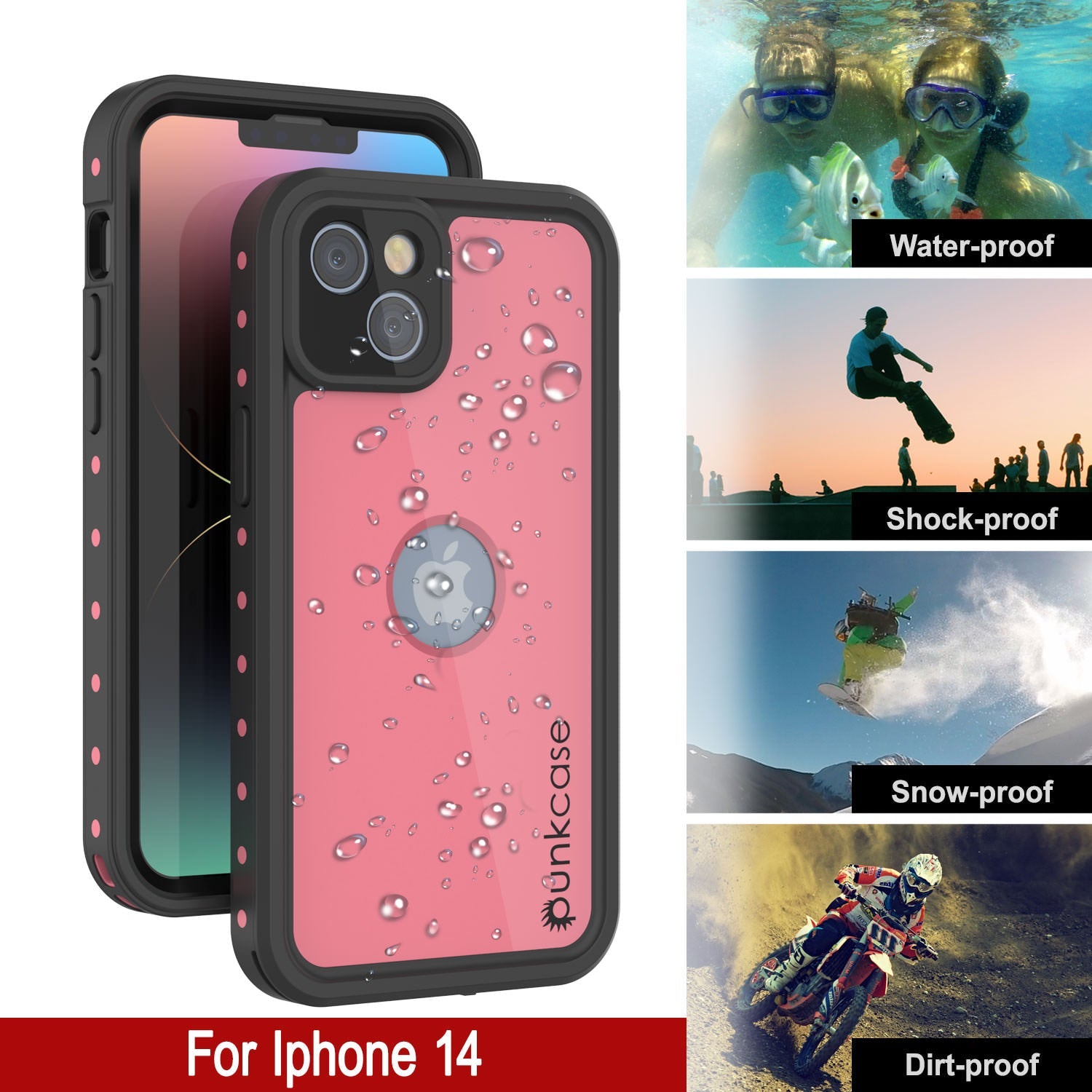 Capa à prova d'água IP68 iPhone 14, Punkcase [Rosa] [Série StudStar] [Ajuste Slim] [Prova de sujeira]