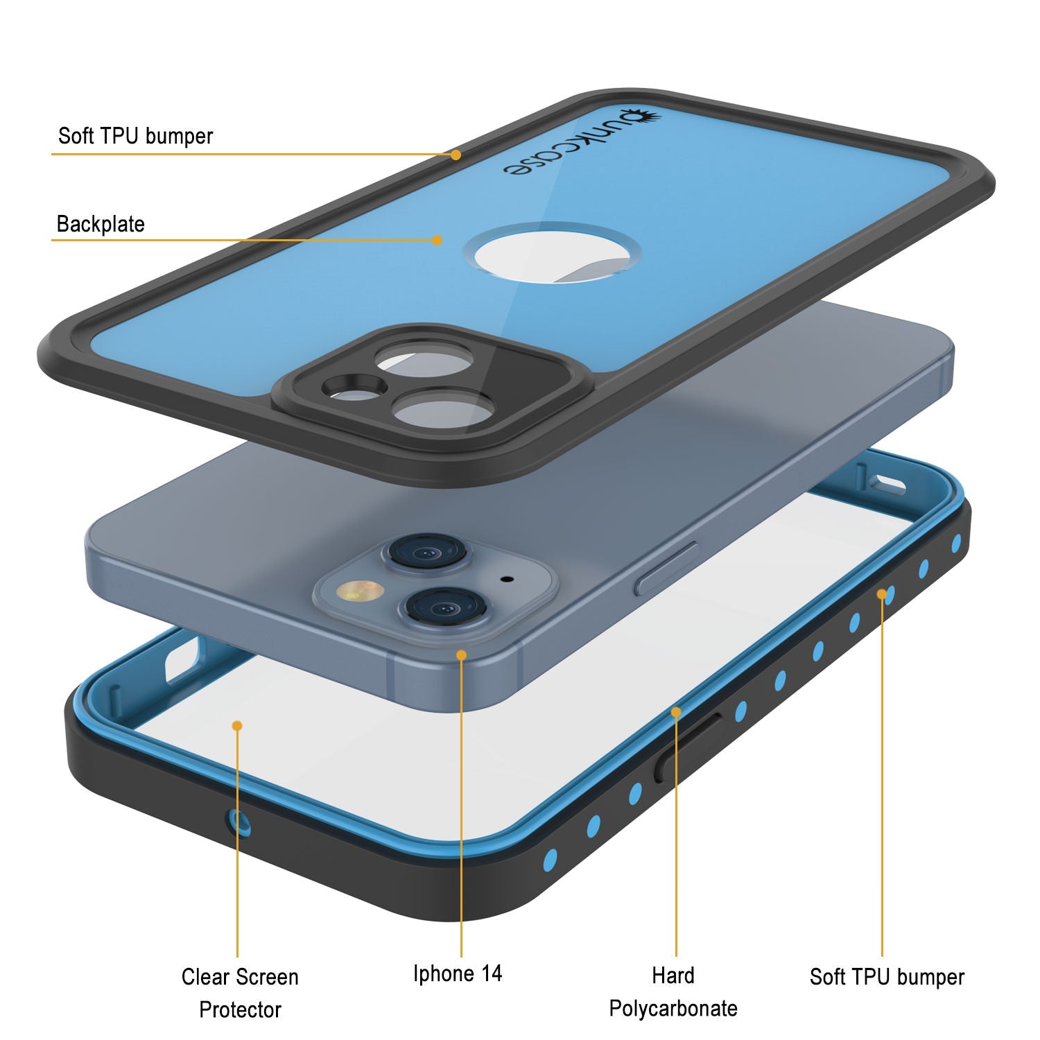 Capa à prova d'água IP68 para iPhone 14, Punkcase [Azul claro] [Série StudStar] [Ajuste Slim] [Prova de sujeira]