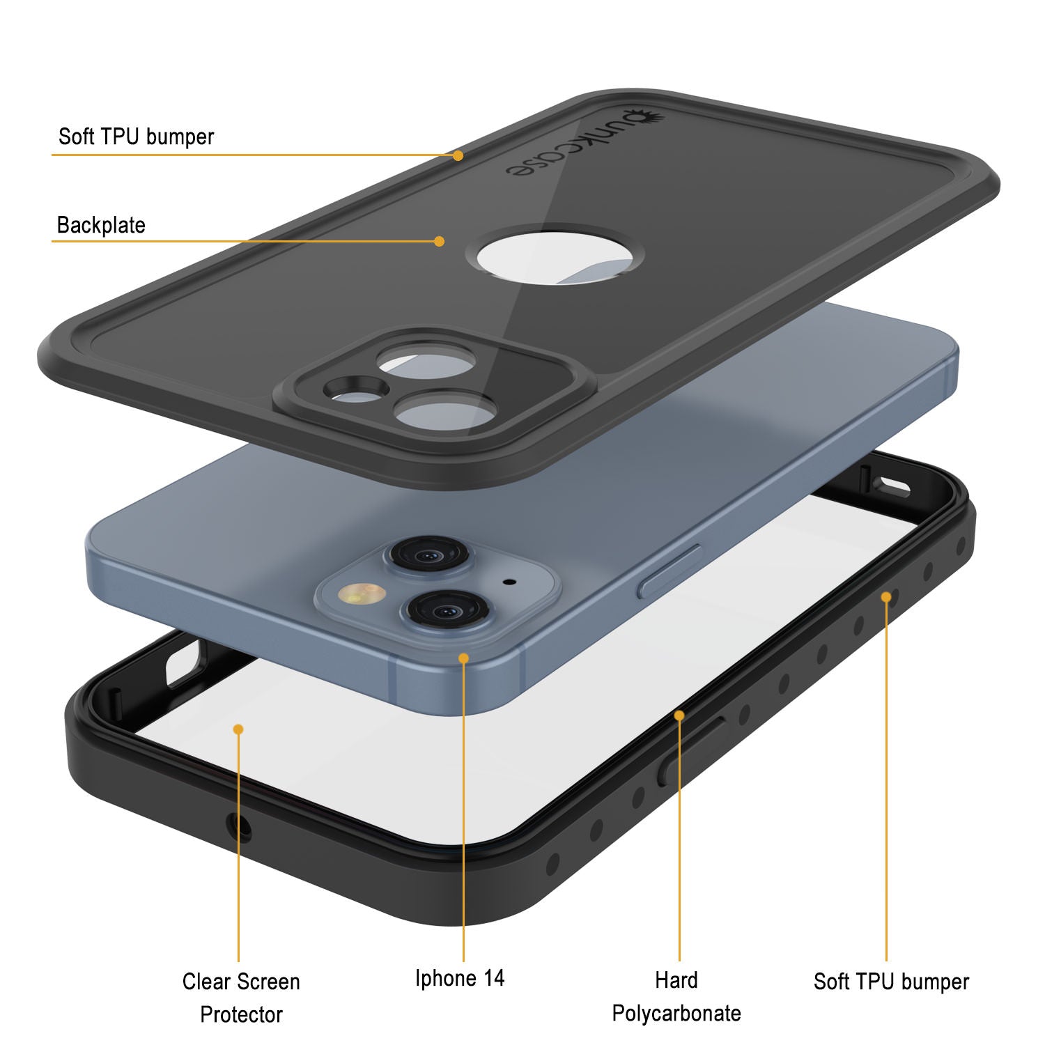 Capa à prova d'água IP68 para iPhone 14, Punkcase [Preto] [Série StudStar] [Ajuste Fino]