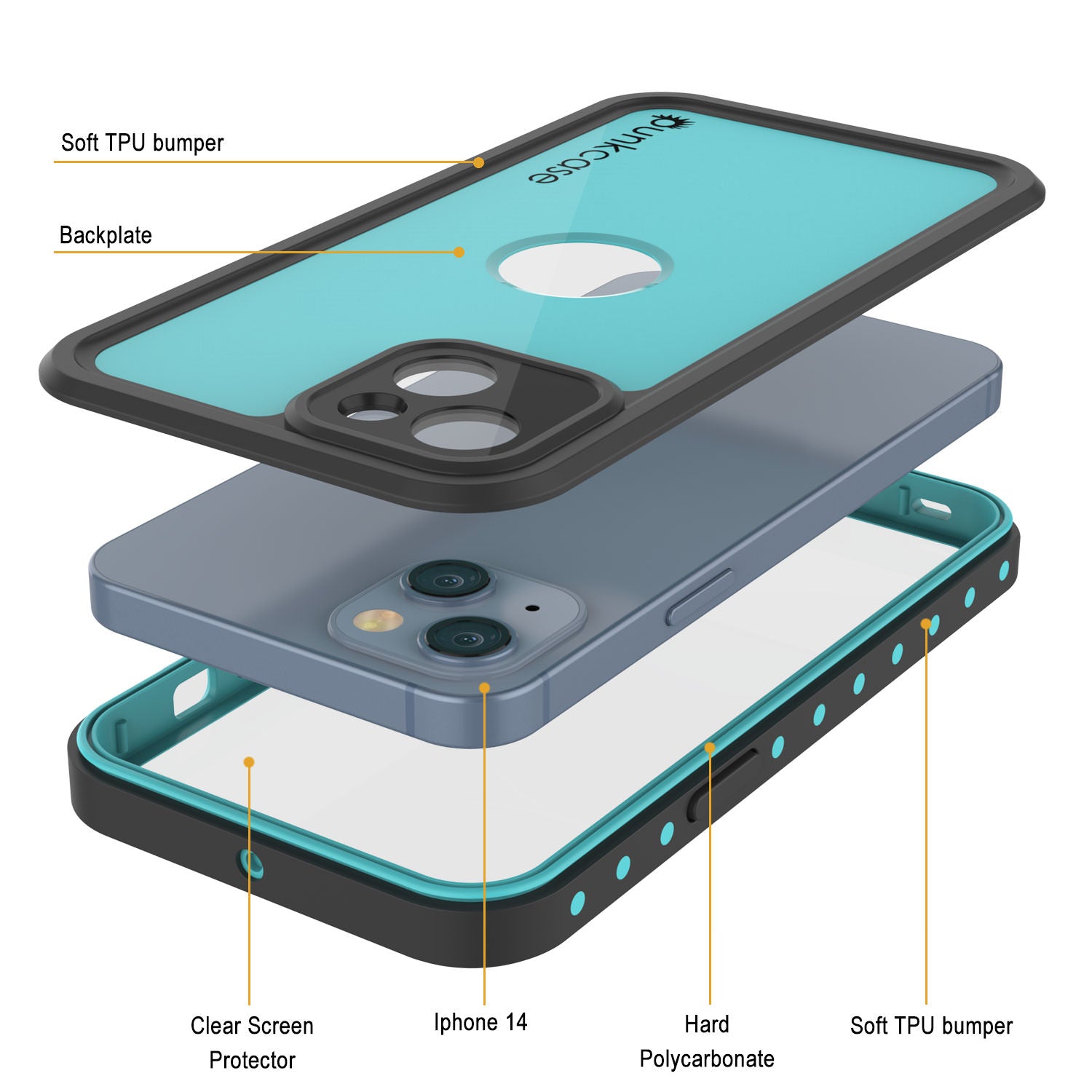 Capa à prova d'água IP68 para iPhone 14, Punkcase [Teal] [Série StudStar] [Ajuste Slim]