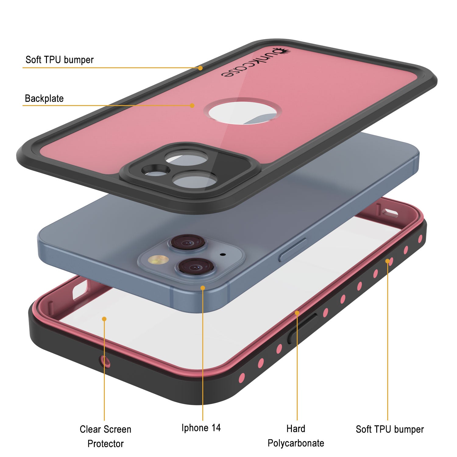 Capa à prova d'água IP68 iPhone 14, Punkcase [Rosa] [Série StudStar] [Ajuste Slim] [Prova de sujeira]