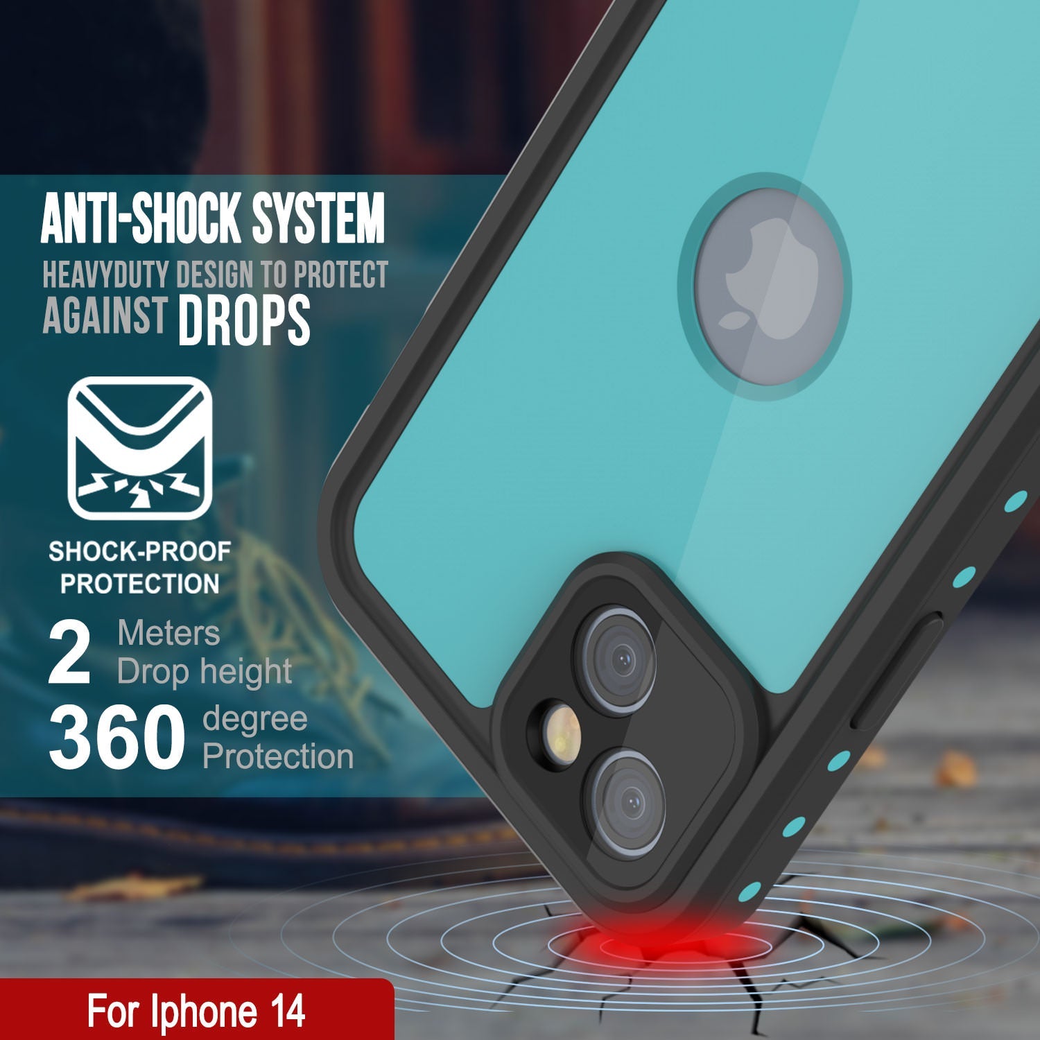 Capa à prova d'água IP68 para iPhone 14, Punkcase [Teal] [Série StudStar] [Ajuste Slim]