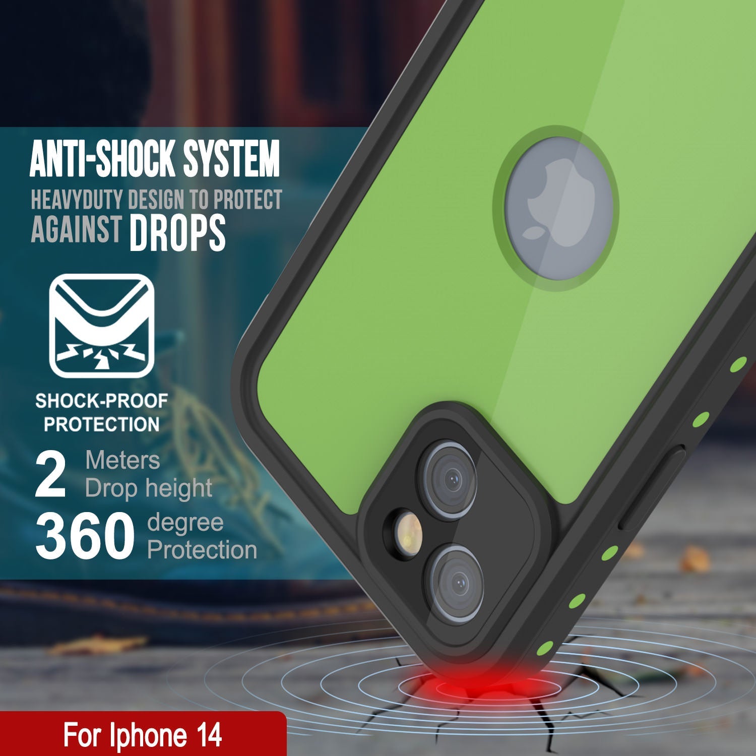 Capa à prova d'água IP68 para iPhone 14, Punkcase [Verde claro] [Série StudStar] [Apto] [À prova de sujeira]