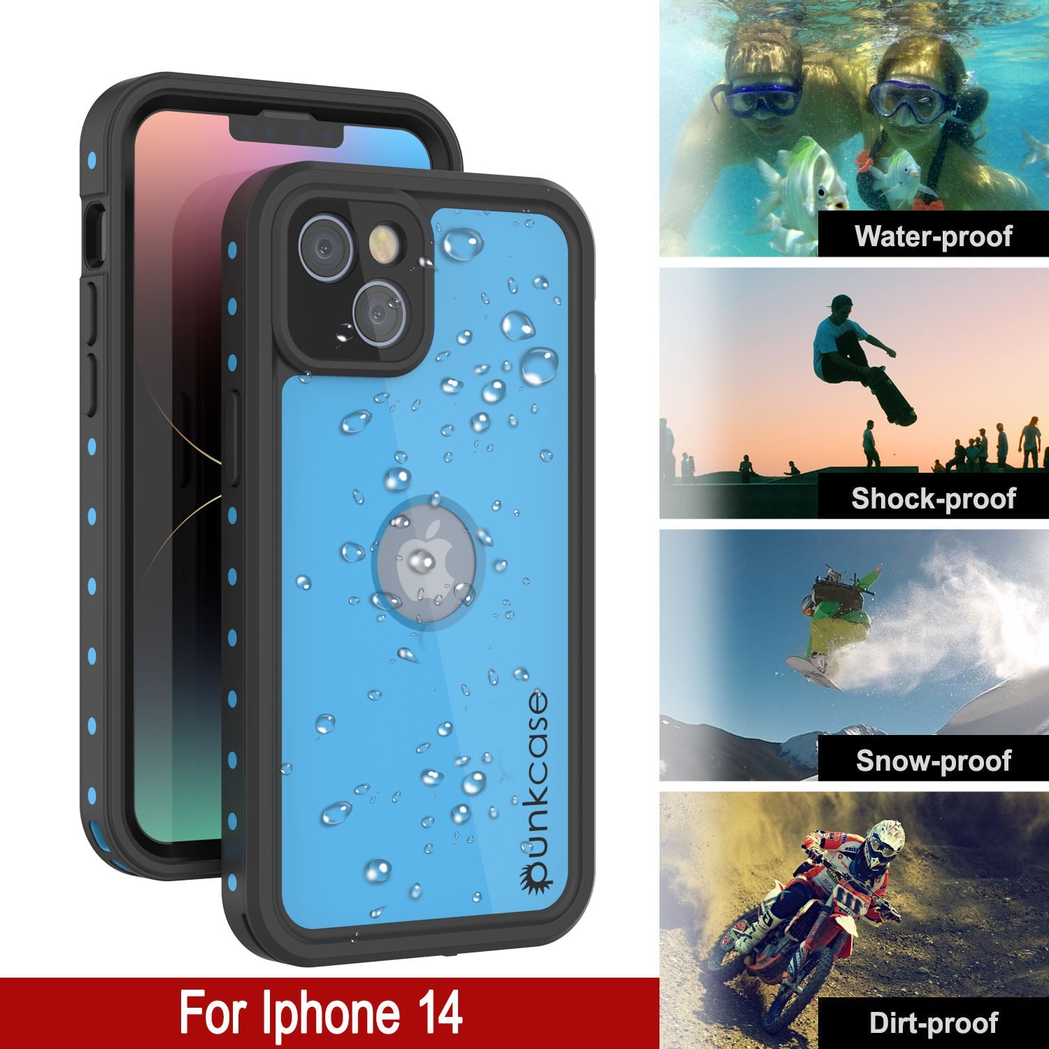 Capa à prova d'água IP68 para iPhone 14, Punkcase [Azul claro] [Série StudStar] [Ajuste Slim] [Prova de sujeira]