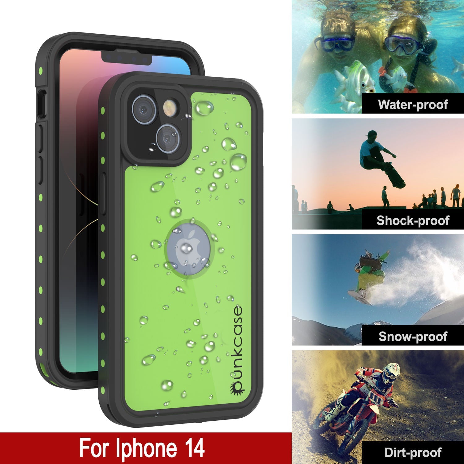 Capa à prova d'água IP68 para iPhone 14, Punkcase [Verde claro] [Série StudStar] [Apto] [À prova de sujeira]