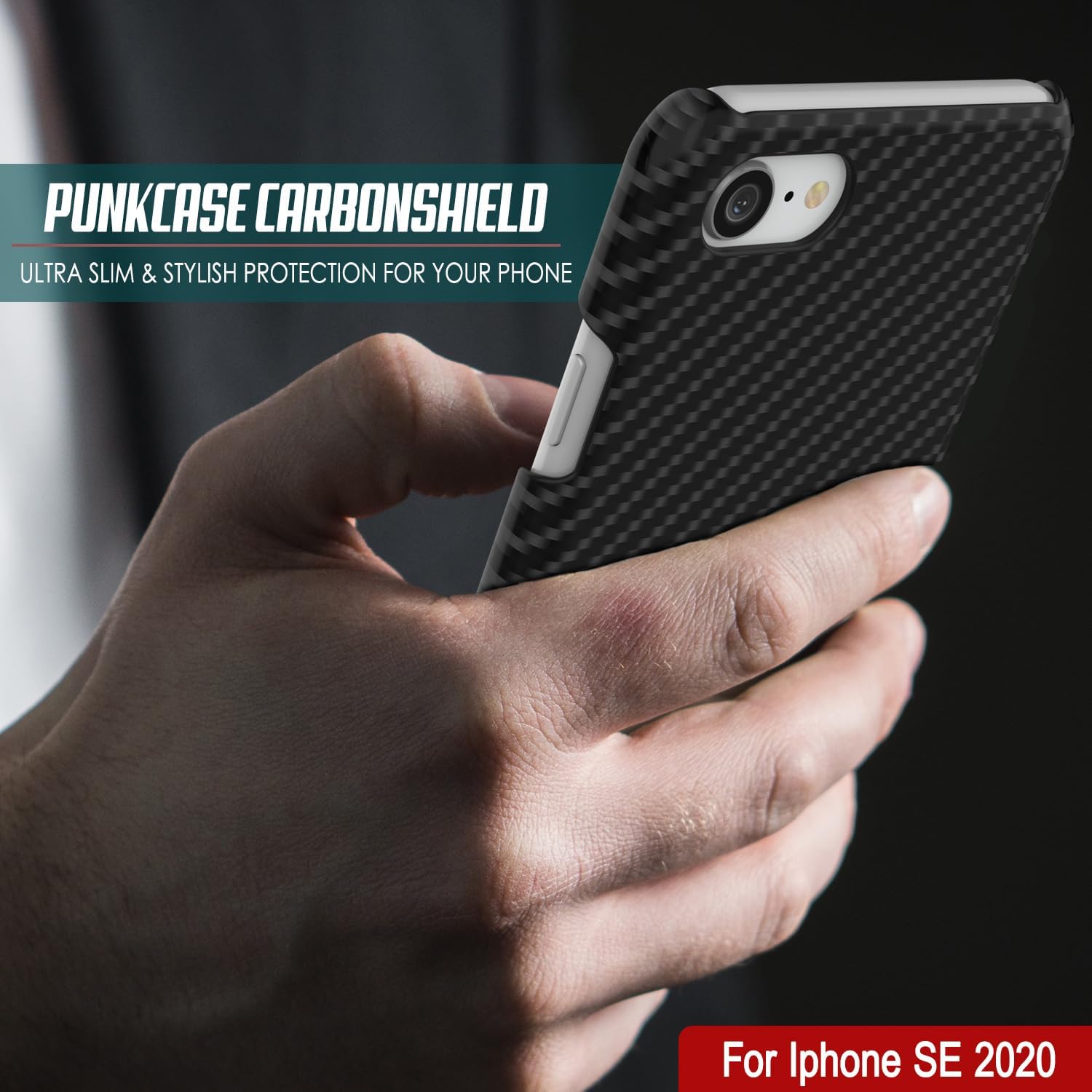 Capa para iPhone SE (4,7"), Punkcase CarbonShield Preta a jato com vidro temperado de 0,3mm.