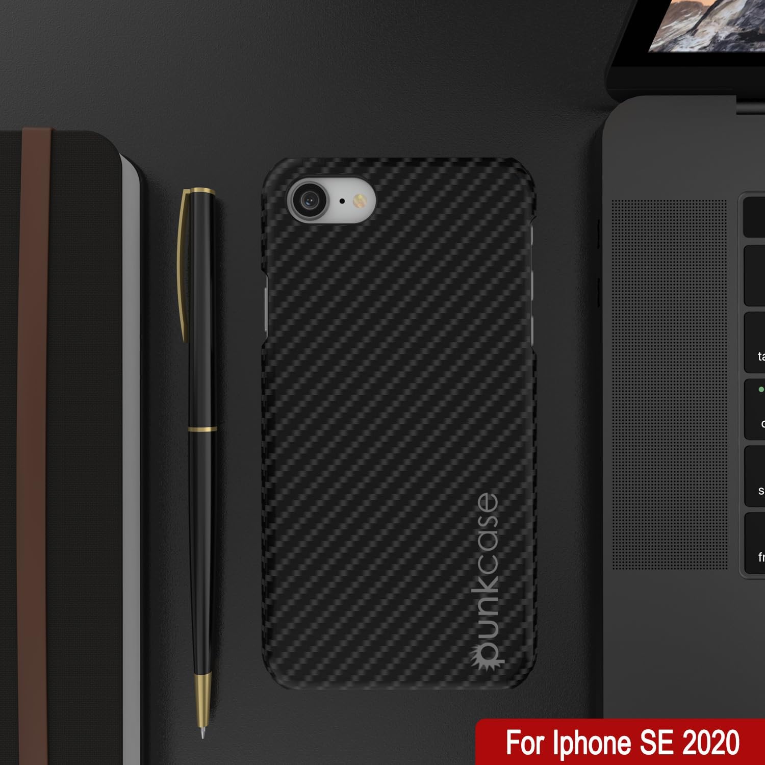 Capa para iPhone SE (4,7"), Punkcase CarbonShield Preta a jato com vidro temperado de 0,3mm.