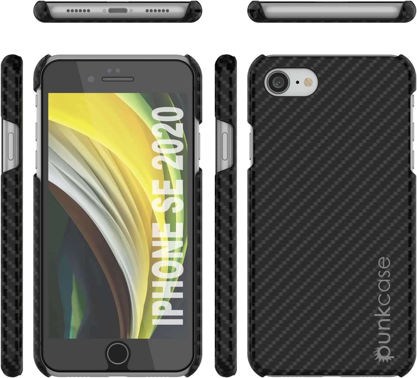 Capa para iPhone SE (4,7"), Punkcase CarbonShield Preta a jato com vidro temperado de 0,3mm.
