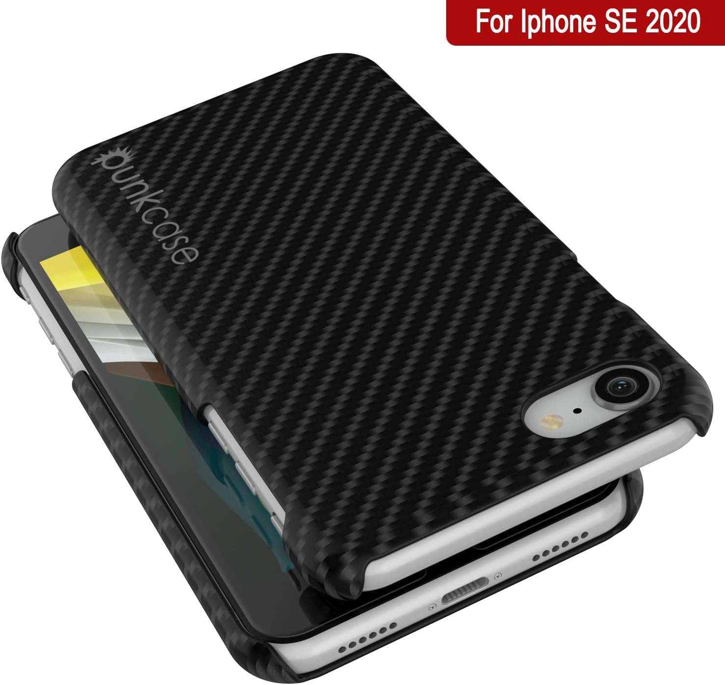 Capa para iPhone SE (4,7"), Punkcase CarbonShield Preta a jato com vidro temperado de 0,3mm.