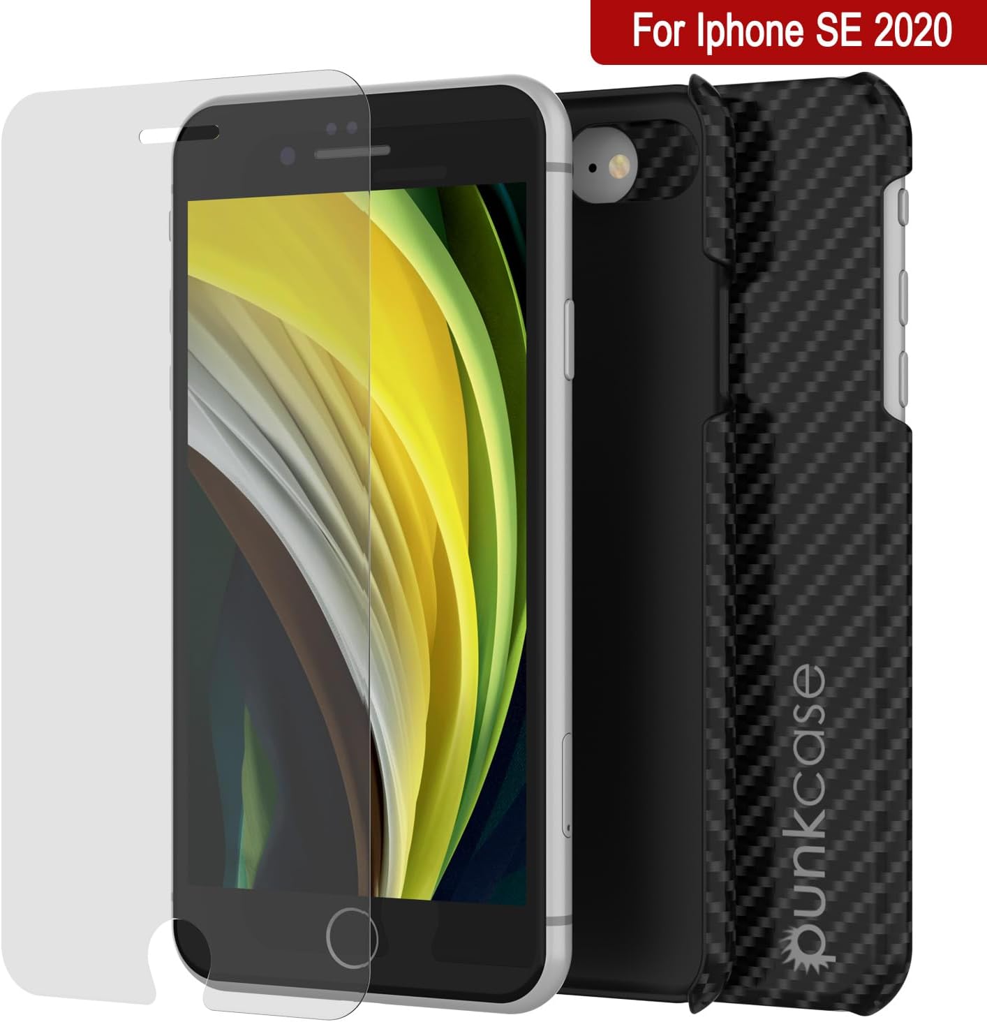 Capa para iPhone SE (4,7"), Punkcase CarbonShield Preta a jato com vidro temperado de 0,3mm.