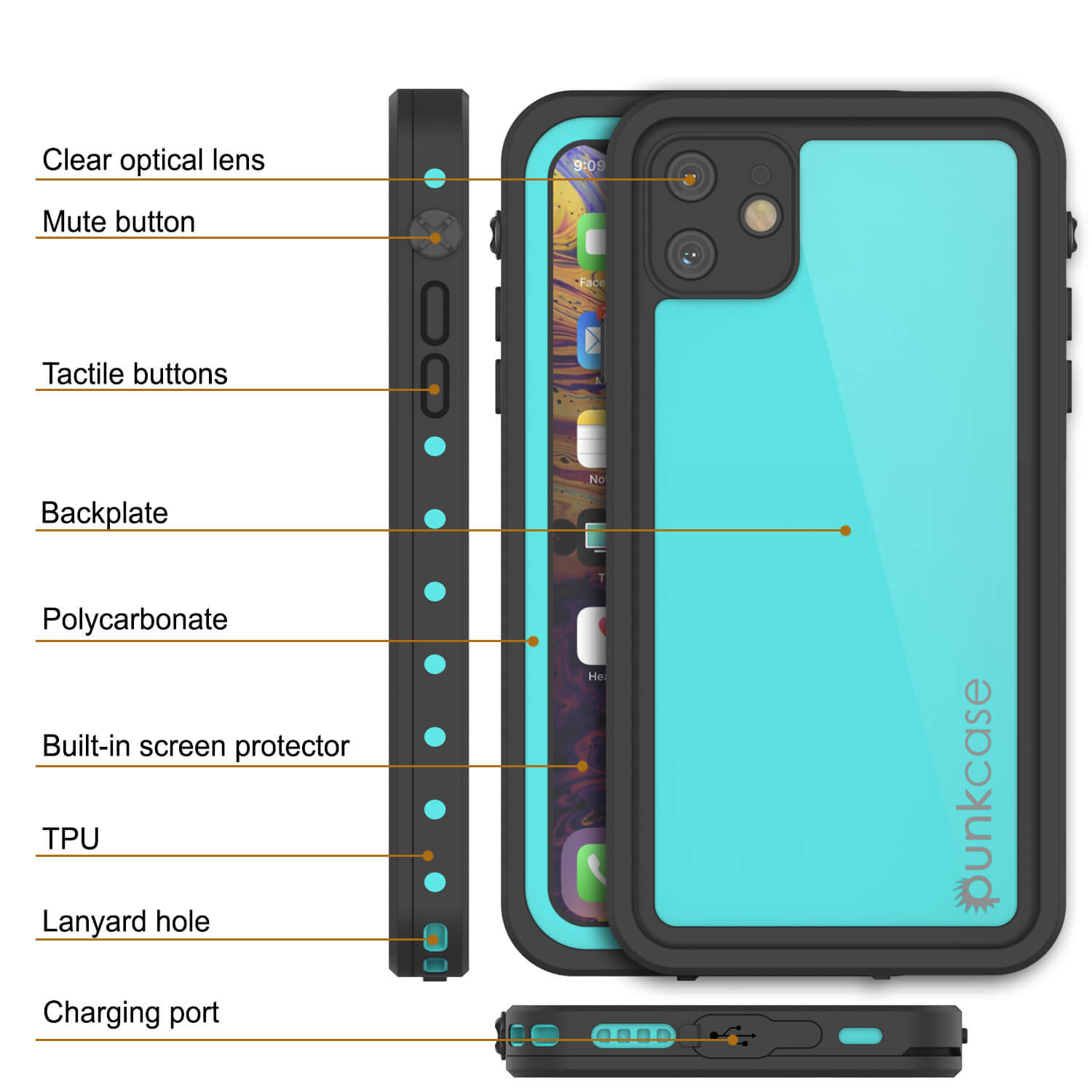Capa à prova d'água IP68 para iPhone 11, Punkcase [Teal] [Série StudStar] [Slim Fit]