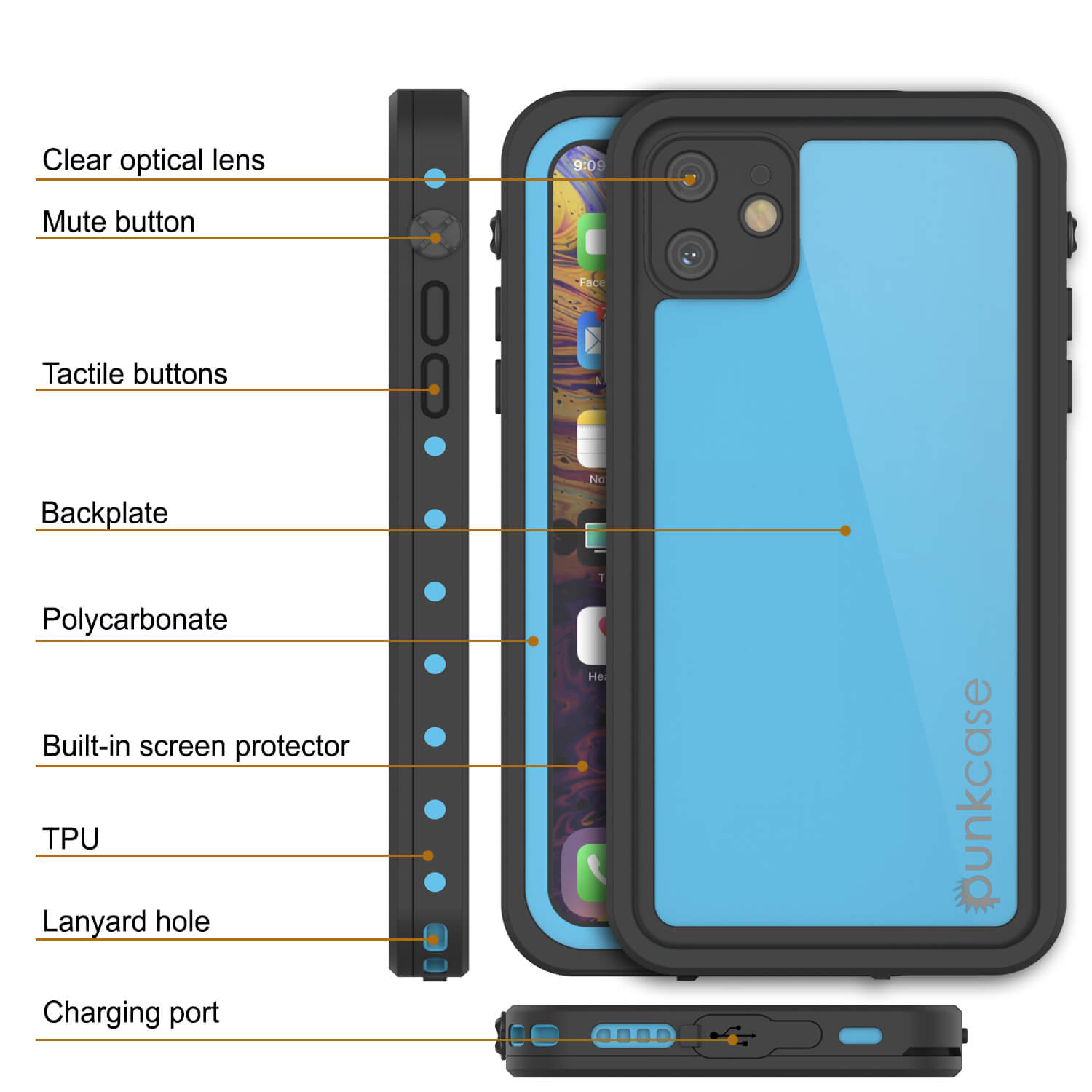 Capa à prova d'água IP68 para iPhone 11, Punkcase [Azul claro] [Série StudStar] [Ajuste fino] [À prova de sujeira]