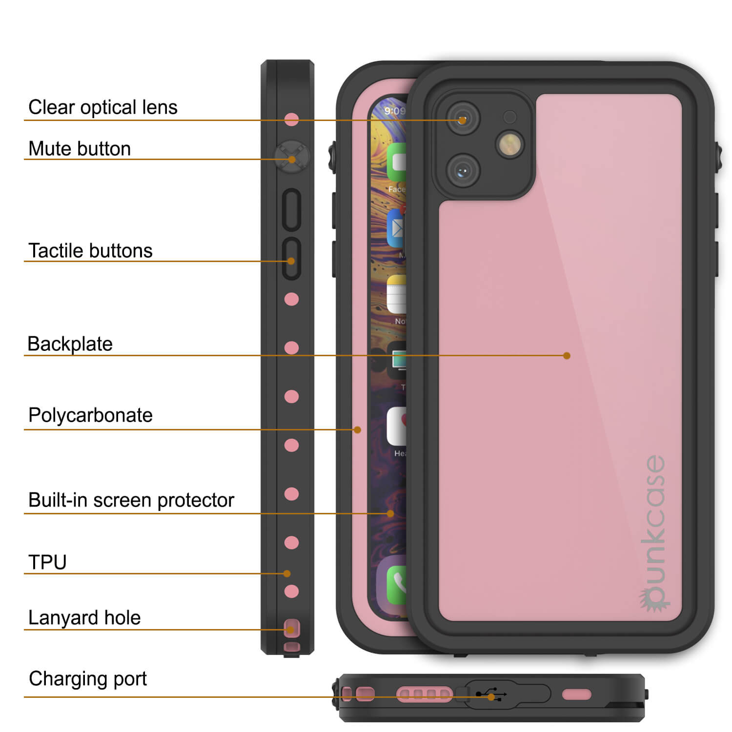 Capa à prova d'água IP68 para iPhone 11, Punkcase [Pink] [Série StudStar] [Ajuste Slim] [Prova de sujeira]