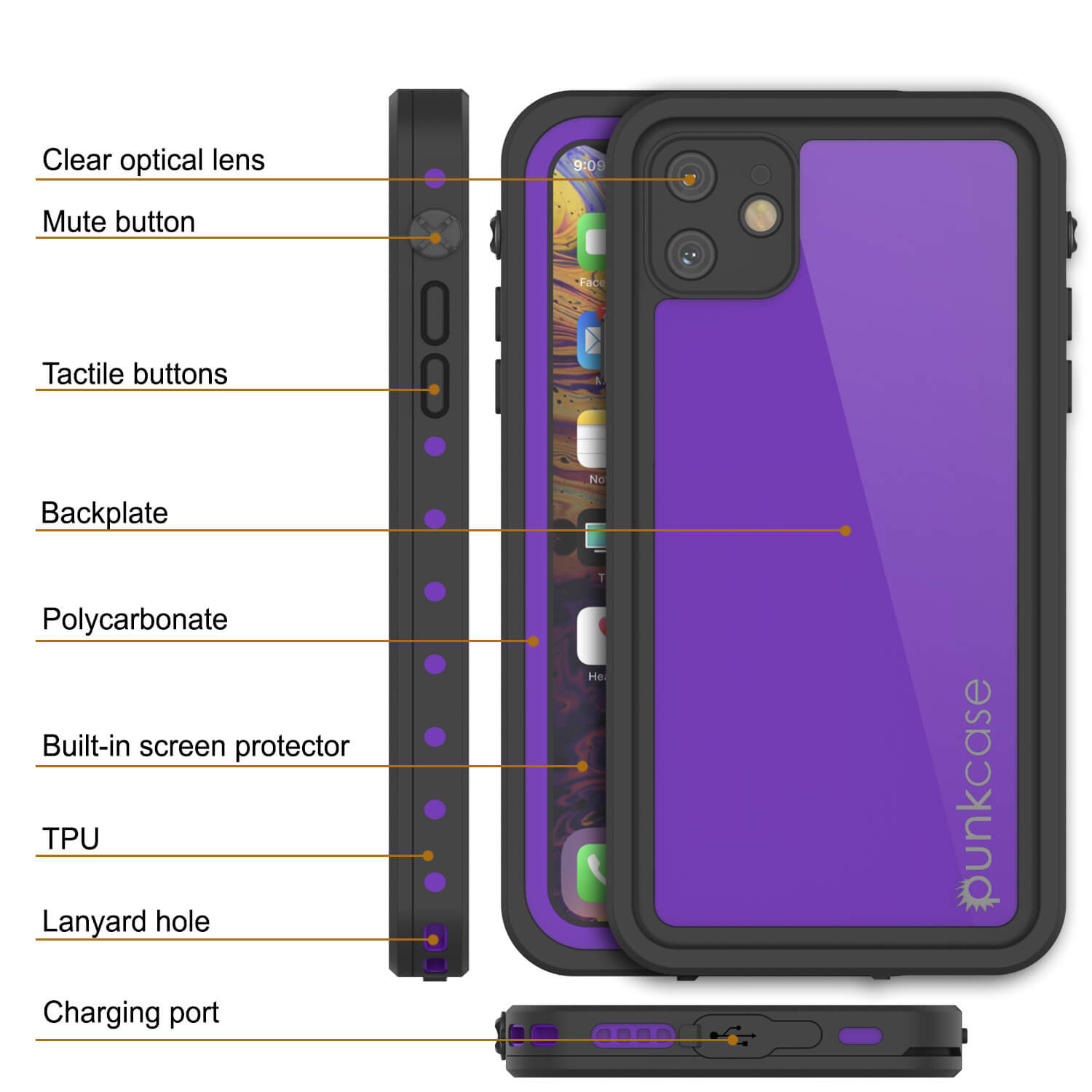 Capa à prova d'água IP68 para iPhone 11, Punkcase [Roxa] [Série StudStar] [Ajuste Slim] [À prova de sujeira]