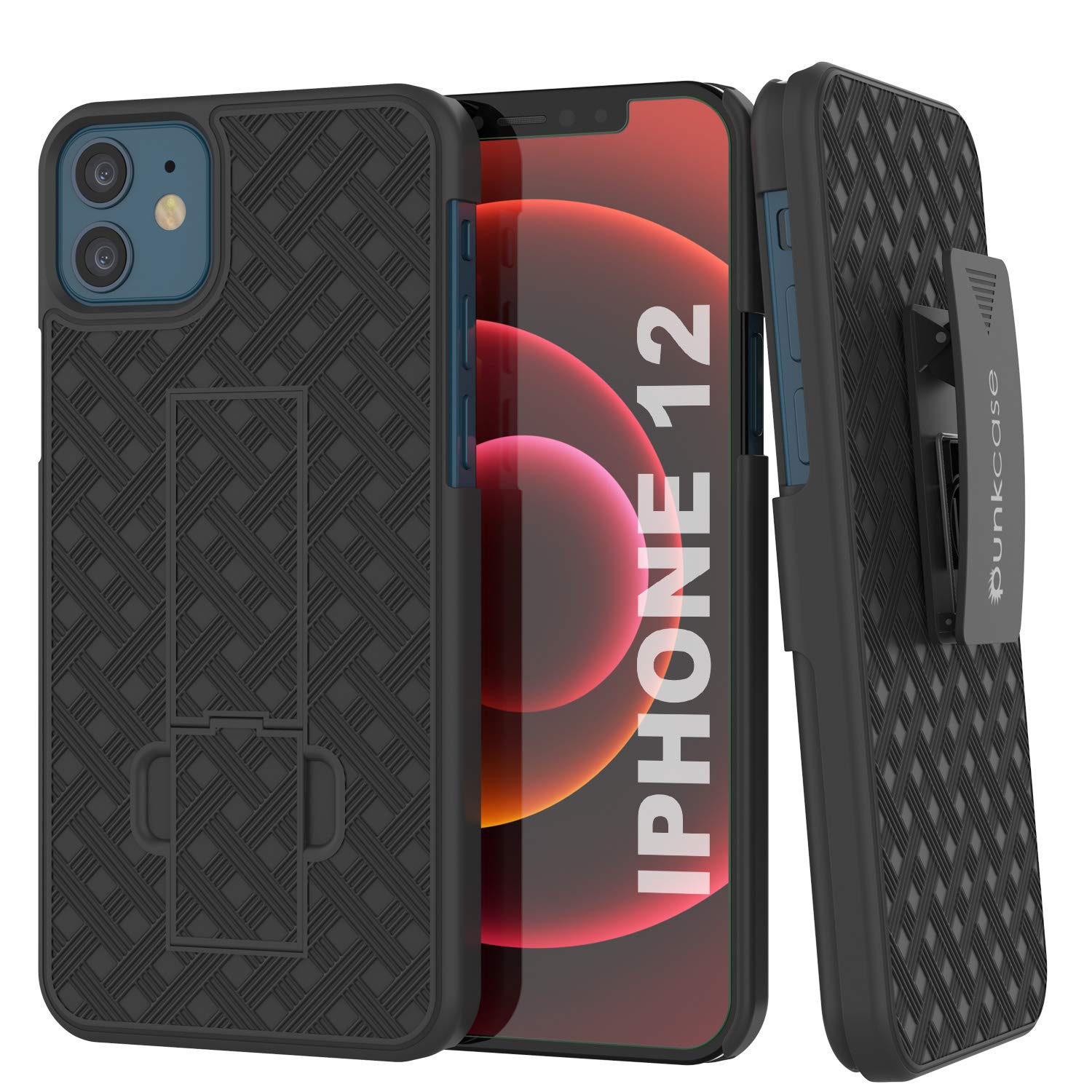 Capa Punkcase para iPhone 12 com protetor de tela de vidro temperado, clipe de cinto, e suporte embutido [preto]