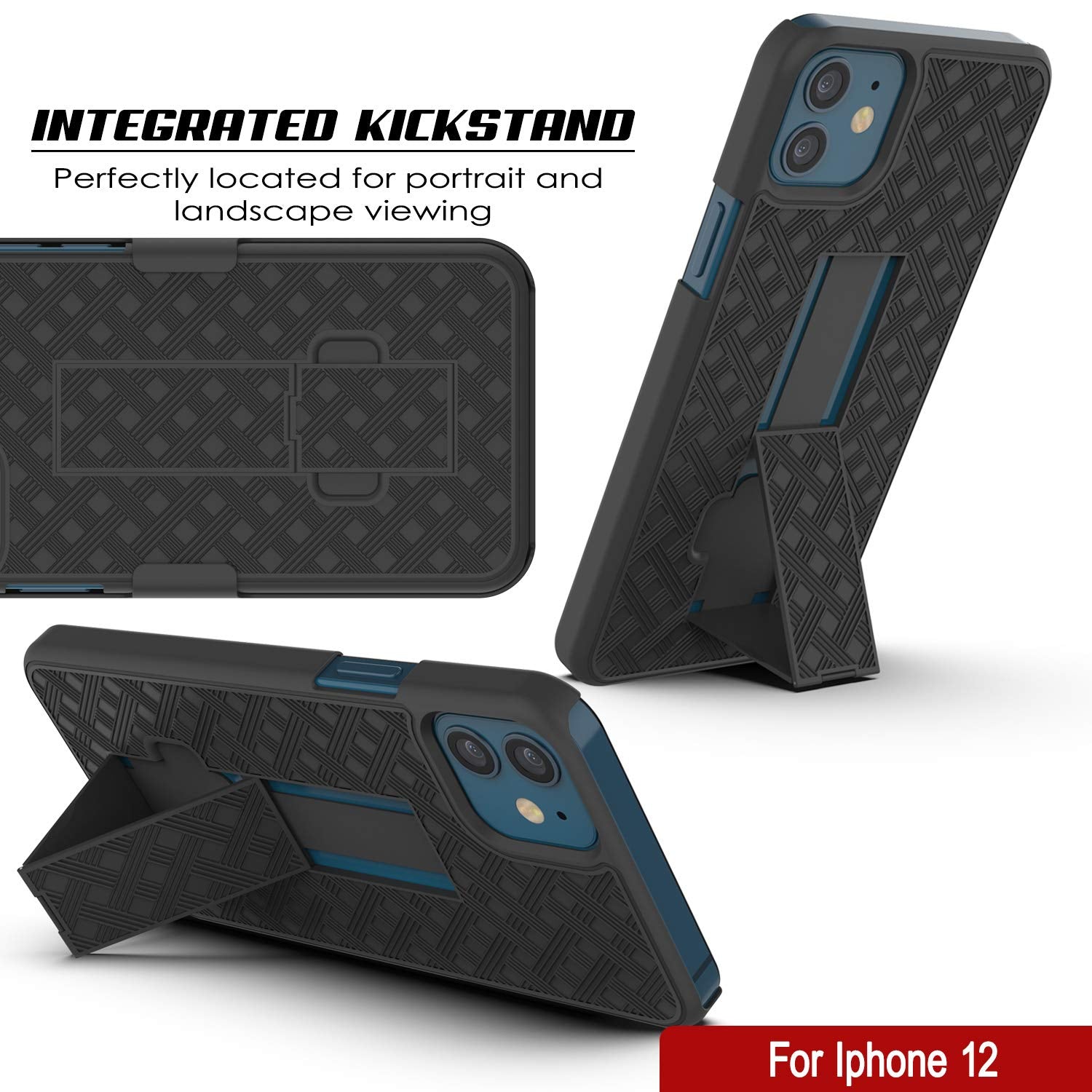 Punkcase iPhone 12 Case With Tempered Glass Screen Protector, Holster Belt Clip & Built-In Kickstand [Black] 
