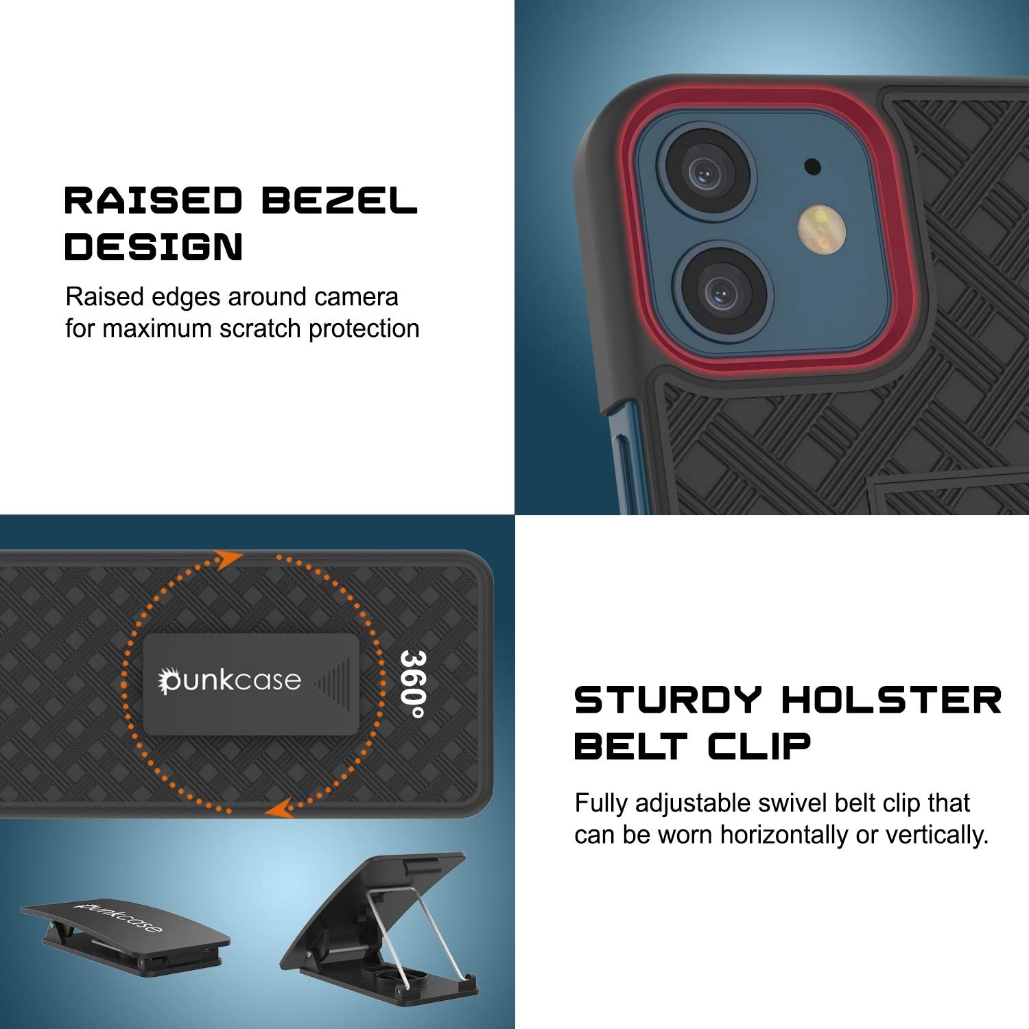 Punkcase iPhone 12 Case With Tempered Glass Screen Protector, Holster Belt Clip & Built-In Kickstand [Black] 
